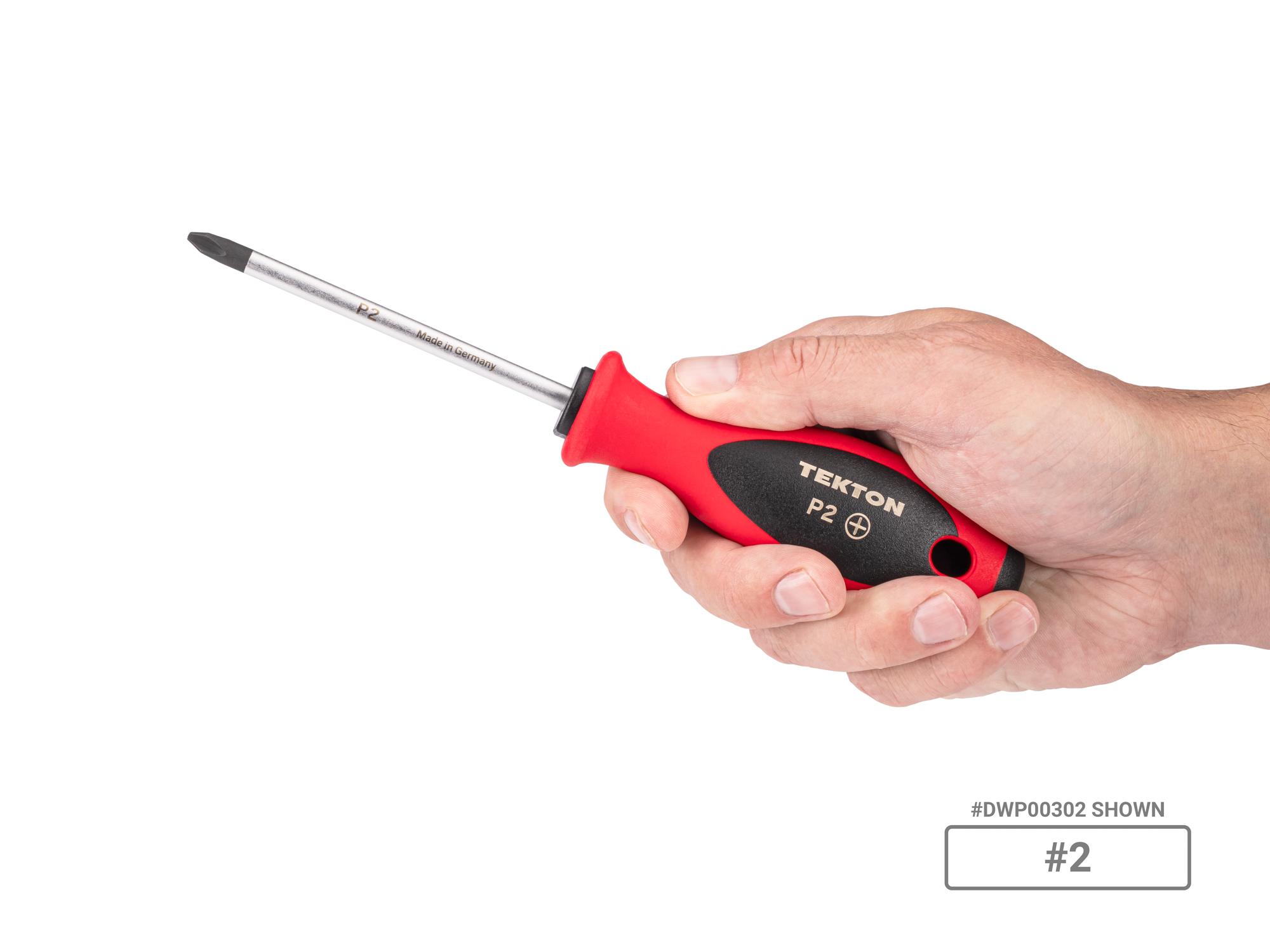 Person holding Tekton 4 inch screwdriver set. Item #DWZ90001
