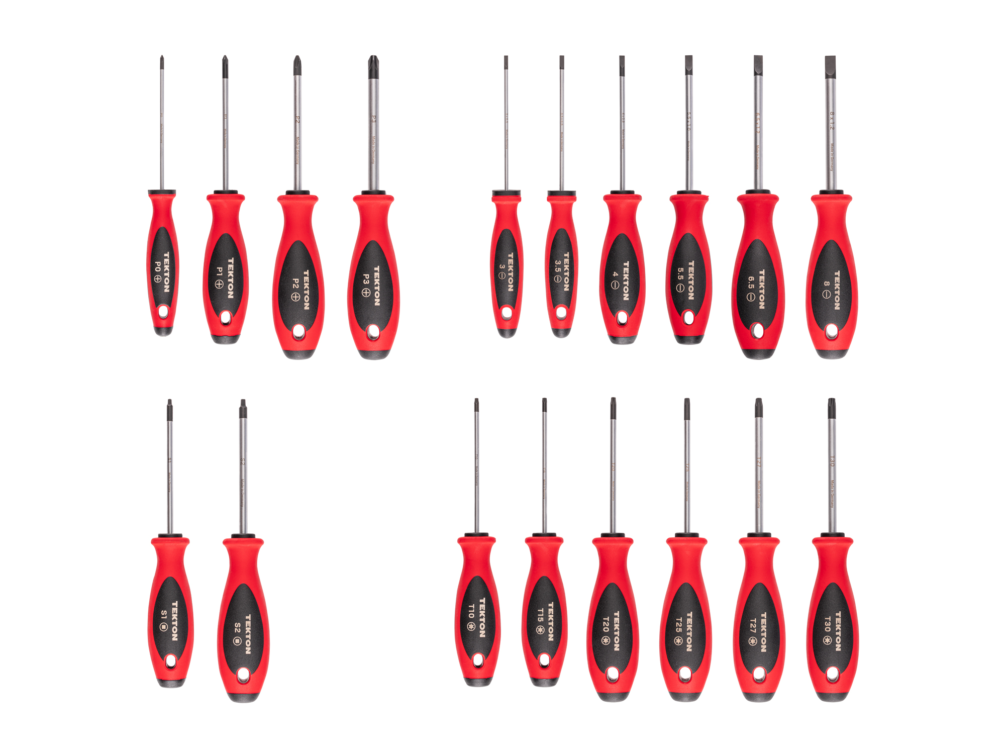TEKTON Phillips, Slotted, Torx, Square Screwdriver Set - 4 Inch Shanks, 18-Piece (#0-#3, 3-8 mm, T10-T30, #1-#2)