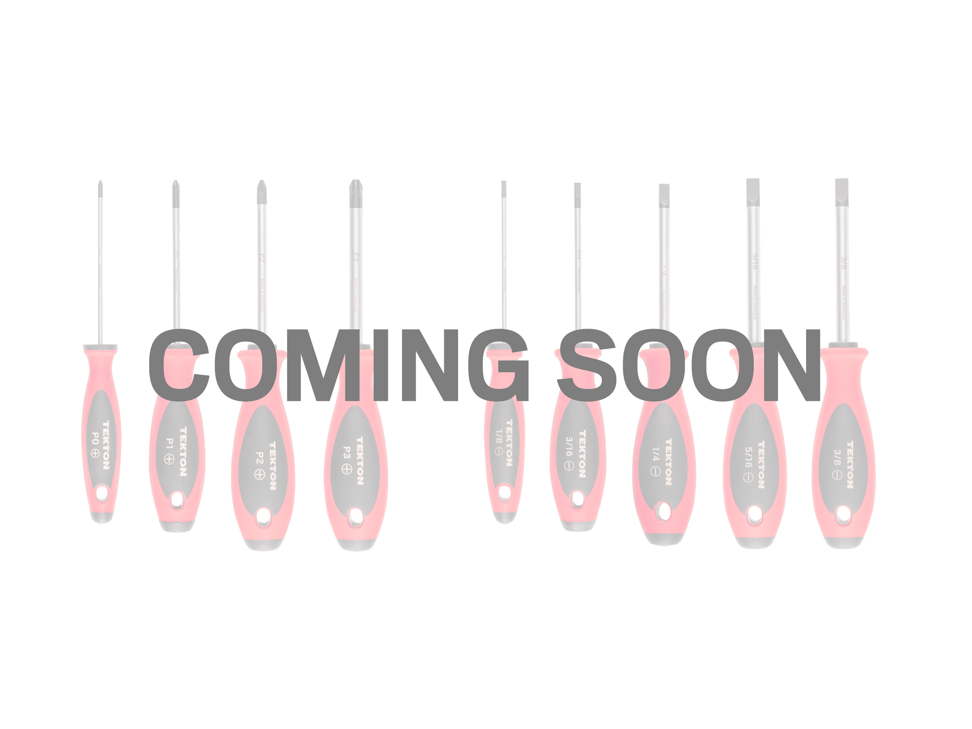 Coming soon text placed over front view of  Tekton 4 inch screwdriver set. Item #DWZ90003