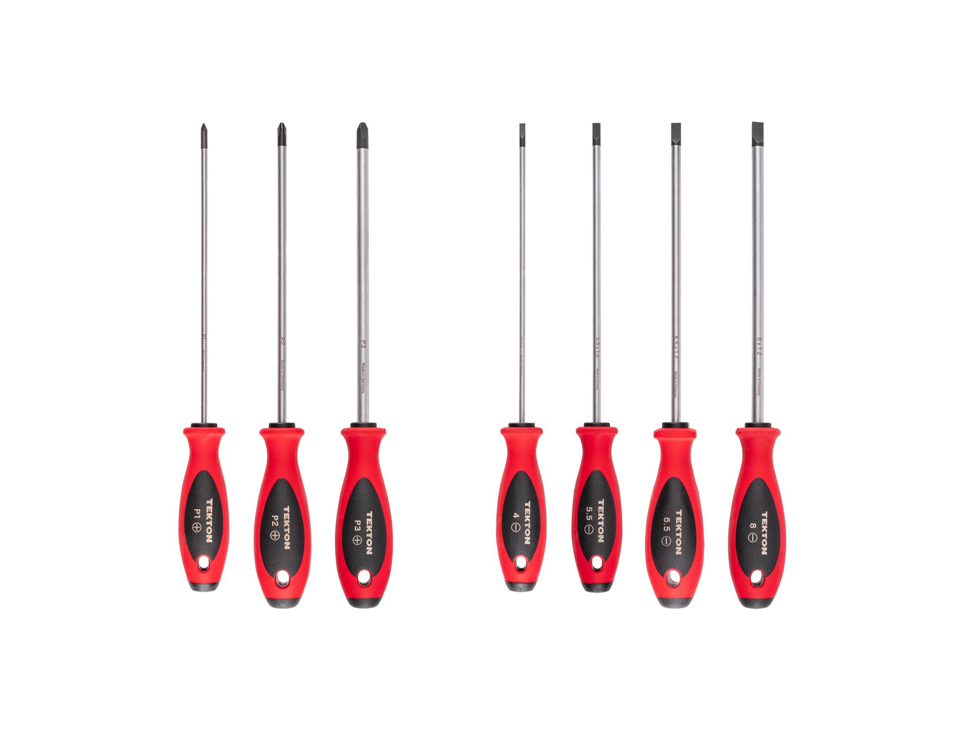 Top view of Tekton 8 inch shanks screwdriver set. Item #DWZ90015
