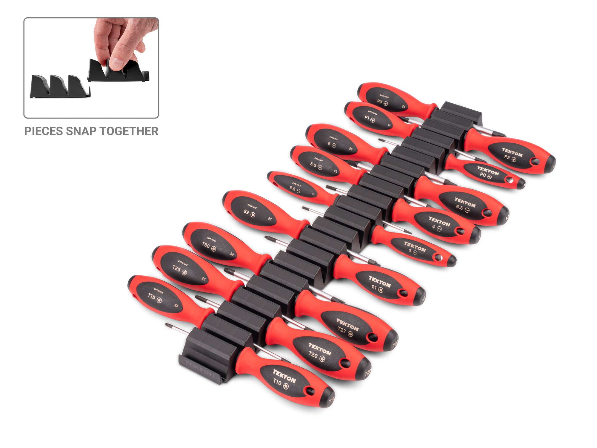 Front-right angle view of  Tekton 4 inch screwdriver set. Item #DWZ90101