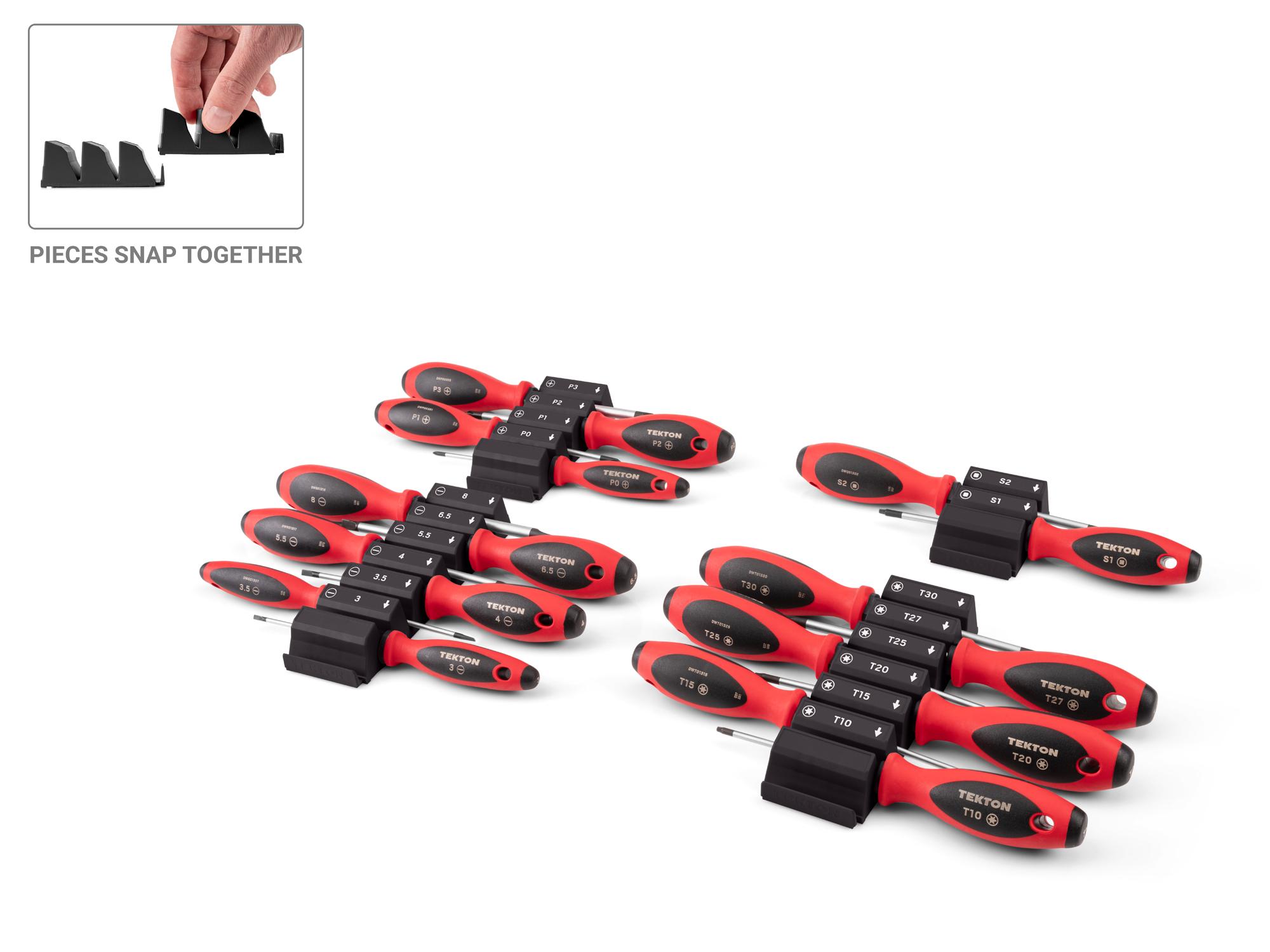 TEKTON Phillips, Slotted, Torx, Square Screwdriver Set with Black Modular Organizers - 4 Inch Shanks, 18-Piece (#0 - #3, 3 - 8 mm, T10 - T30, #1 - #2)