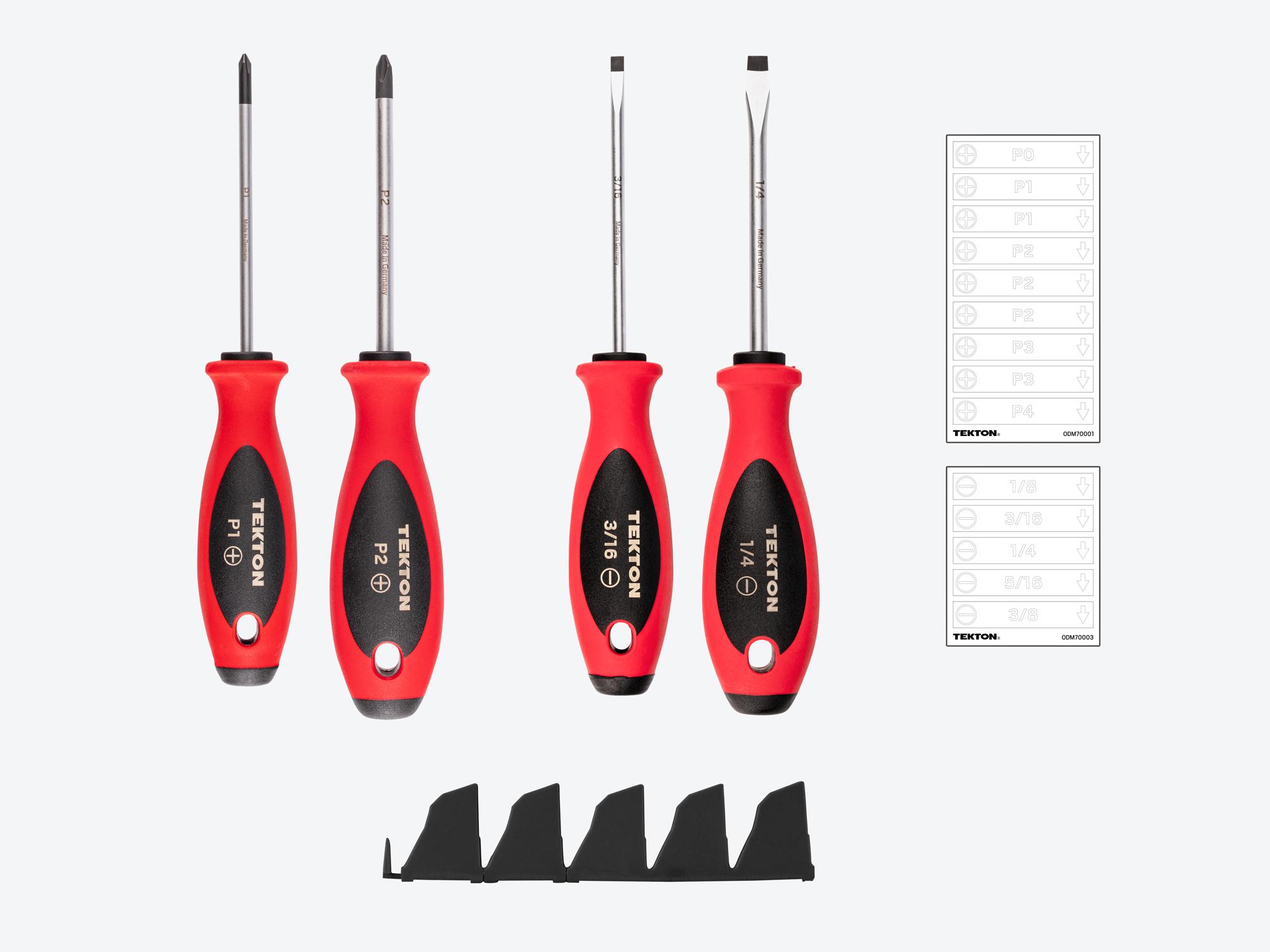 Laid out contents of Tekton black 4 inch shanks screwdriver set. Item #DWZ90102