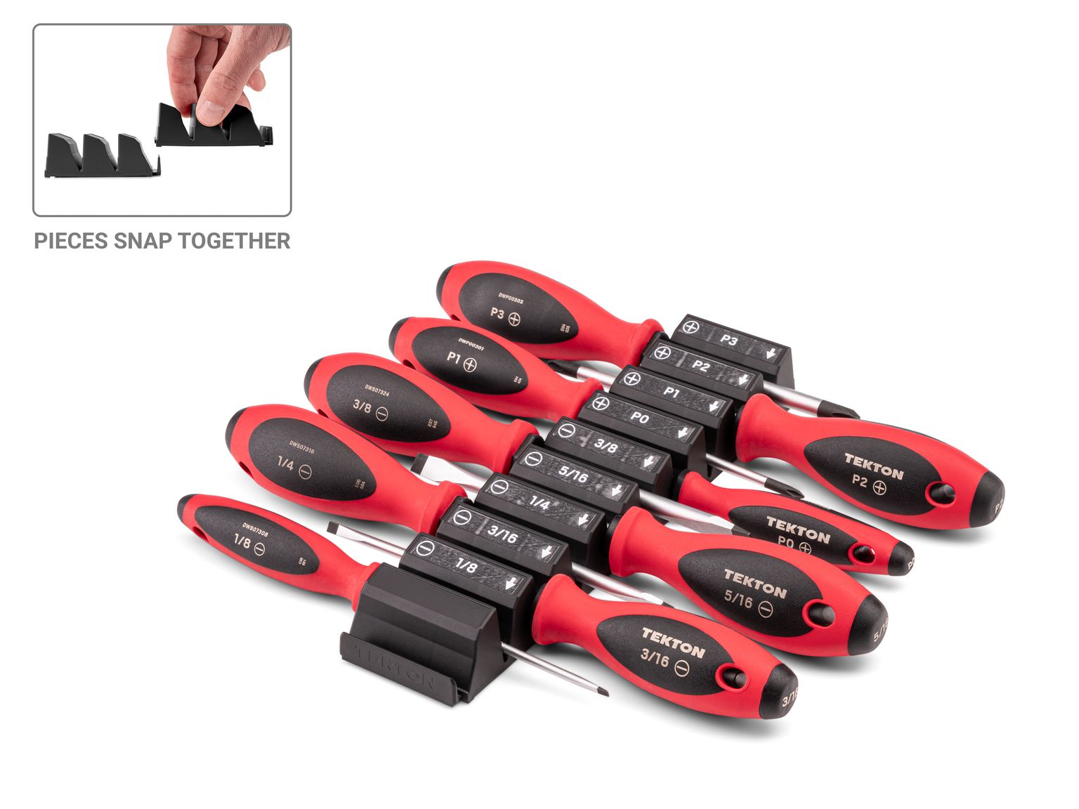 Front-right angle view of Tekton black screwdriver set. Item #DWZ90103