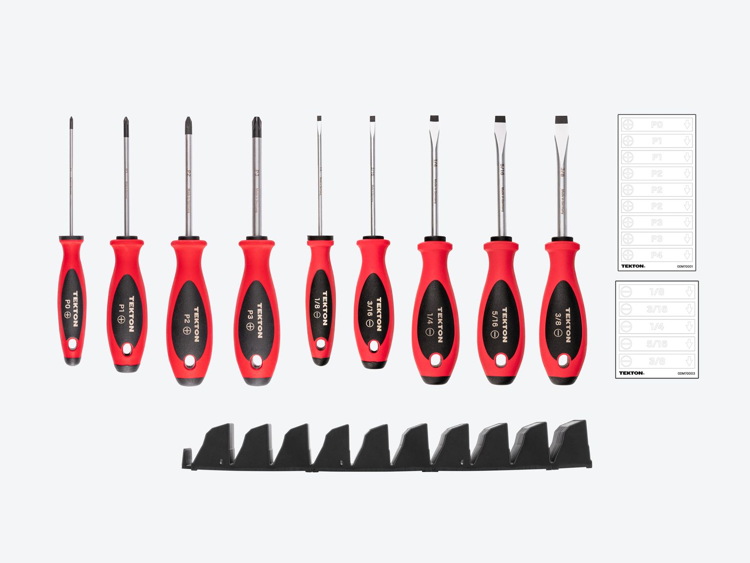 Laid out contents of Tekton black screwdriver set. Item #DWZ90103