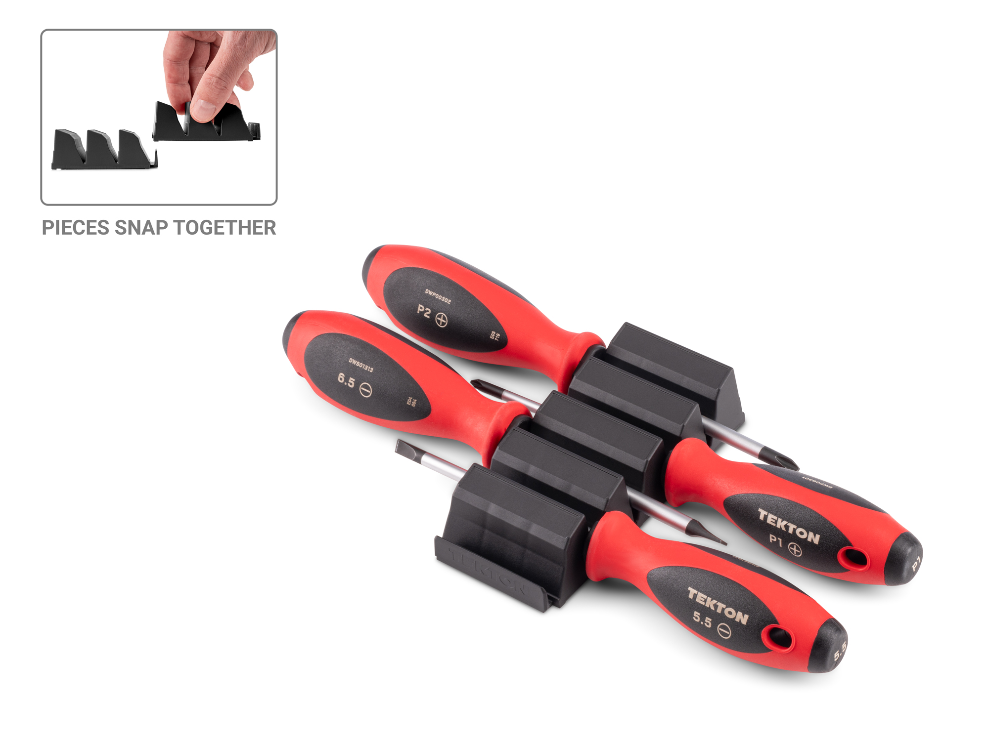 Front-right angle view of  Tekton 4 inch screwdriver set. Item #DWZ90105