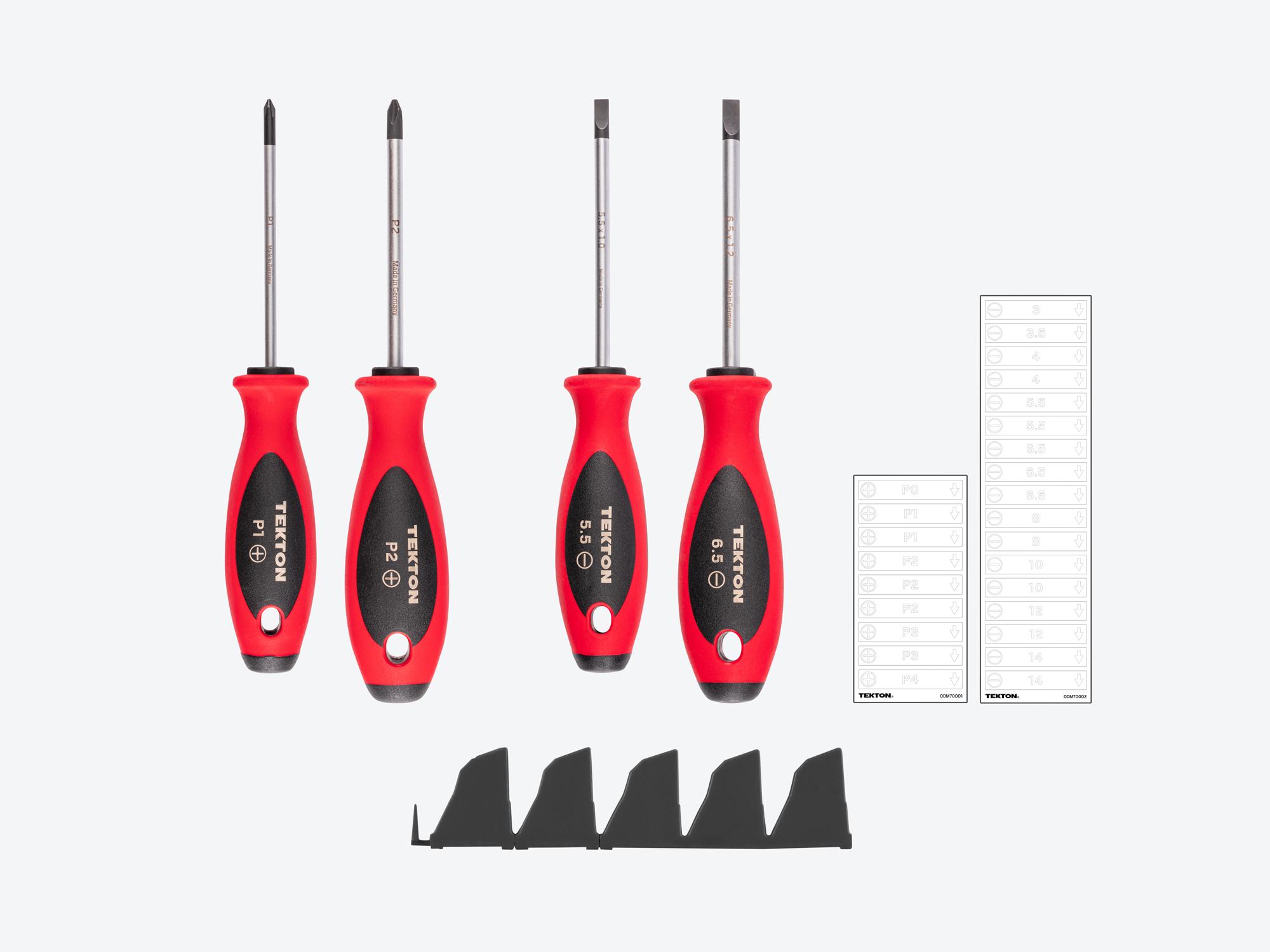 Laid out contents of Tekton black 4 inch shanks screwdriver set. Item #DWZ90105