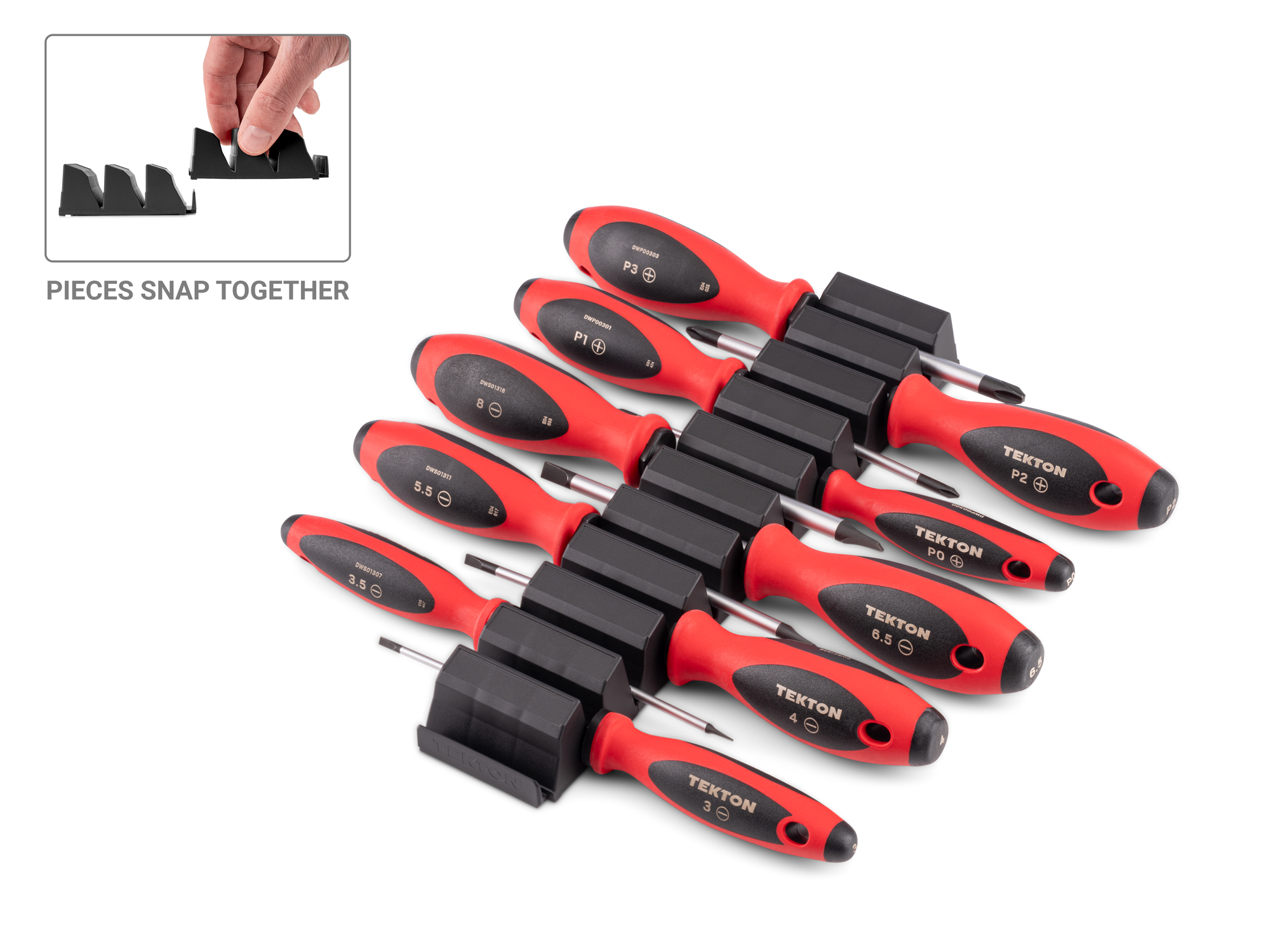 Front-right angle view of  Tekton 4 inch screwdriver set. Item #DWZ90106