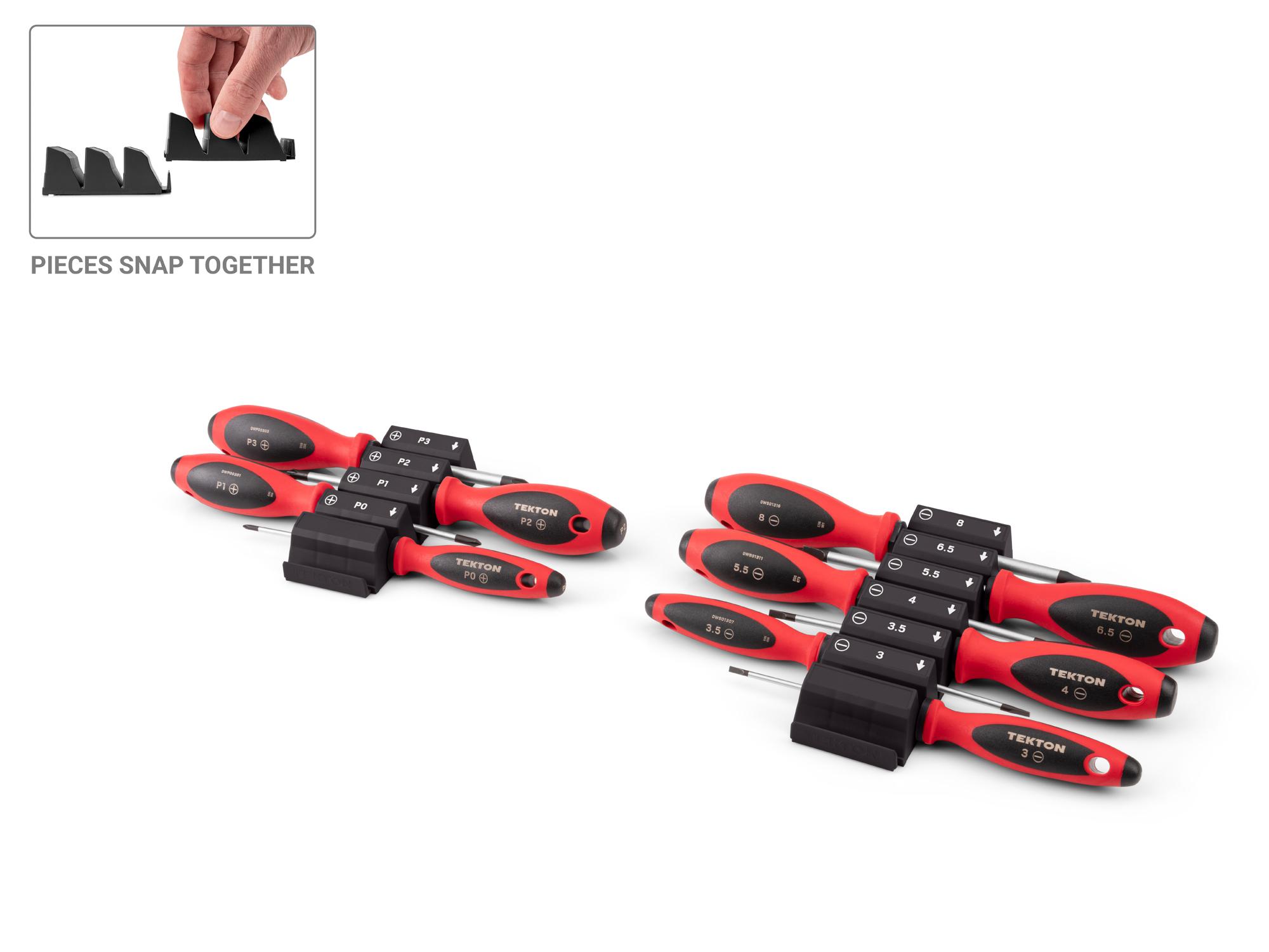 TEKTON Phillips and Slotted Screwdriver Set with Black Modular Organizers - 4 Inch Shanks, 10-Piece (#0 - #3, 3 - 8 mm)