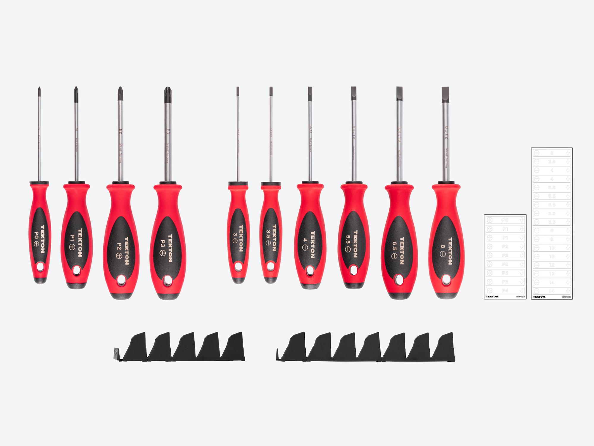 Laid out contents of Tekton black 4 inch shanks screwdriver set. Item #DWZ90106