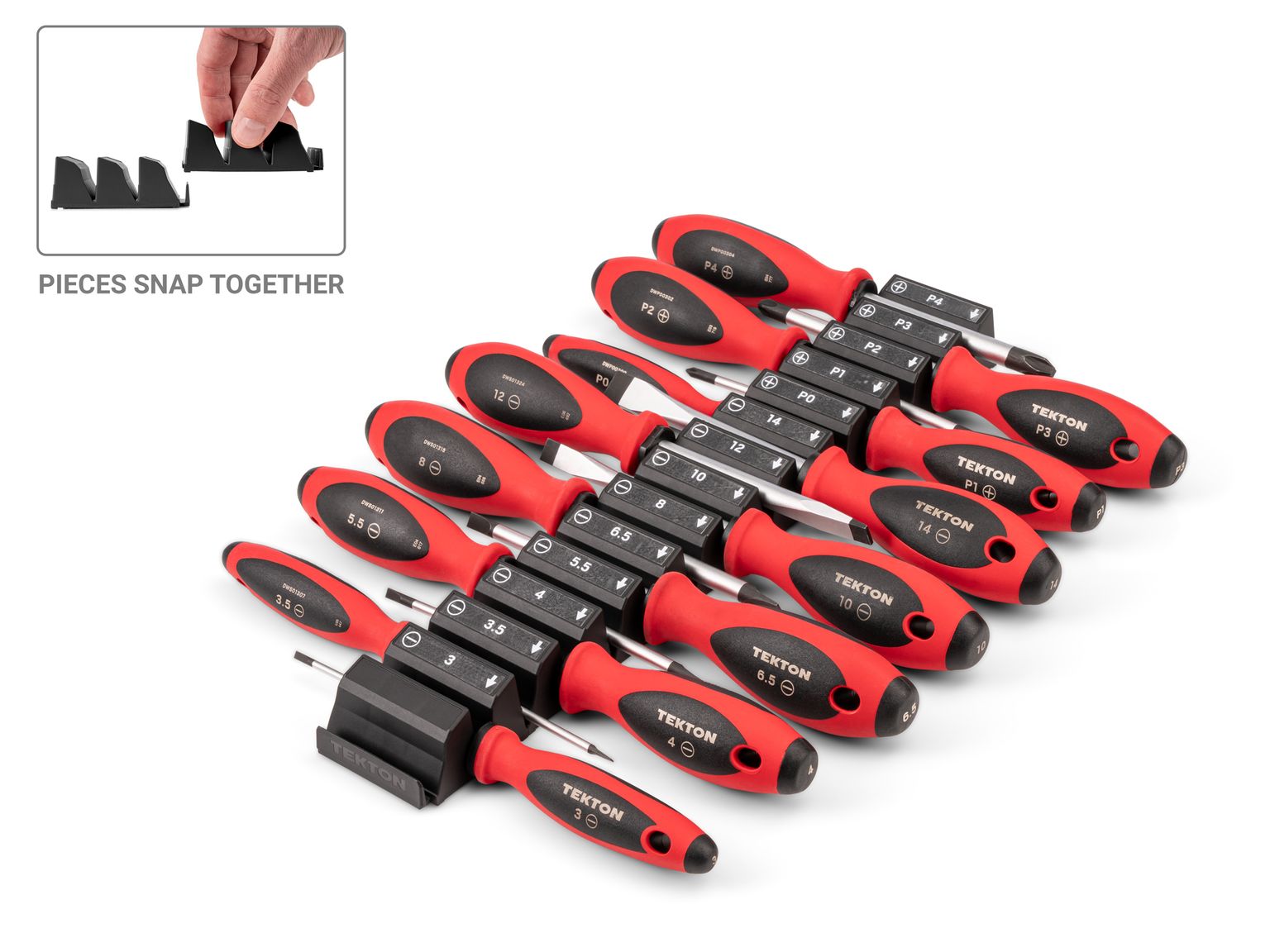 TEKTON Phillips and Slotted Screwdriver Set with Modular Organizers - 4 Inch Shanks, 14-Piece (#0 - #4, 3 - 14 mm)