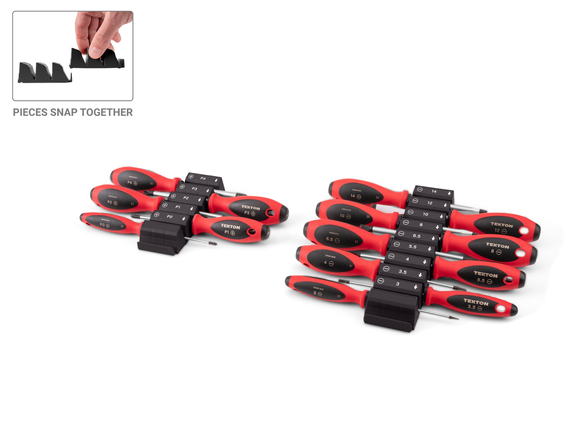 TEKTON Phillips and Slotted Screwdriver Set with Black Modular Organizers - 4 Inch Shanks, 14-Piece (#0 - #4, 3 - 14 mm)
