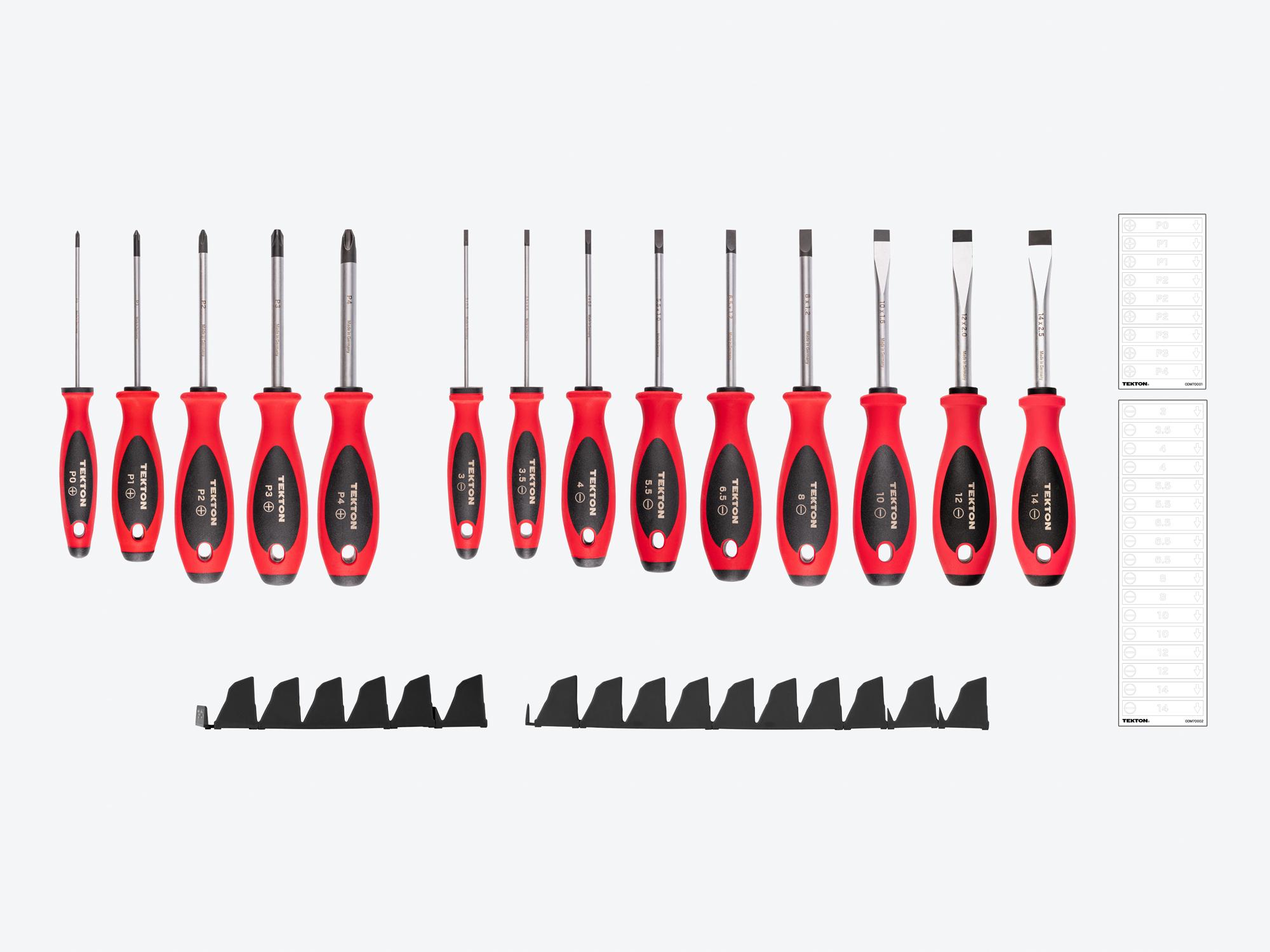 Laid out contents of Tekton black 4 inch shanks screwdriver set. Item #DWZ90107
