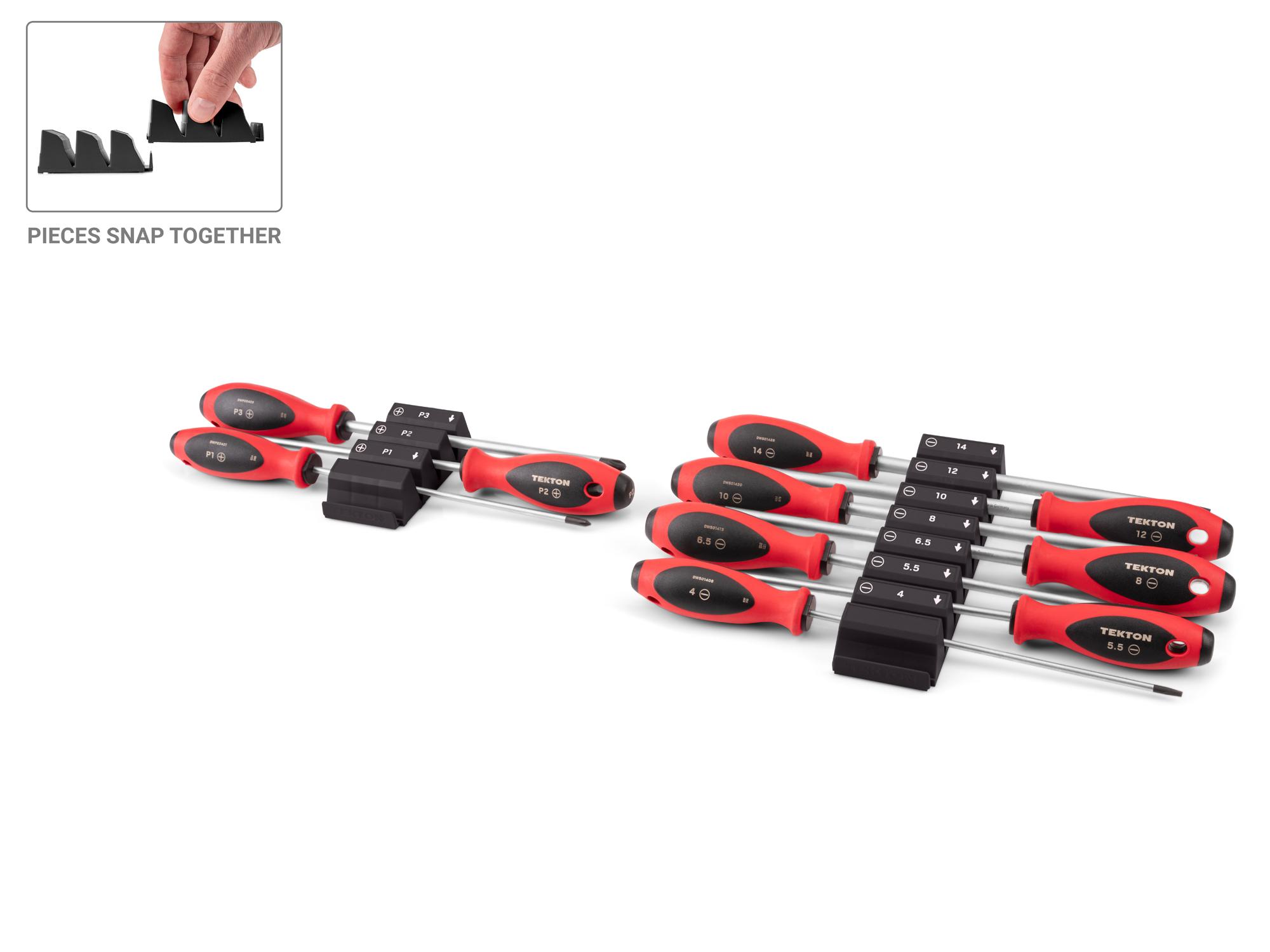 TEKTON Phillips and Slotted Screwdriver Set with Black Modular Organizers - 8 Inch Shanks, 10-Piece (#1 - #3, 4 - 14 mm)