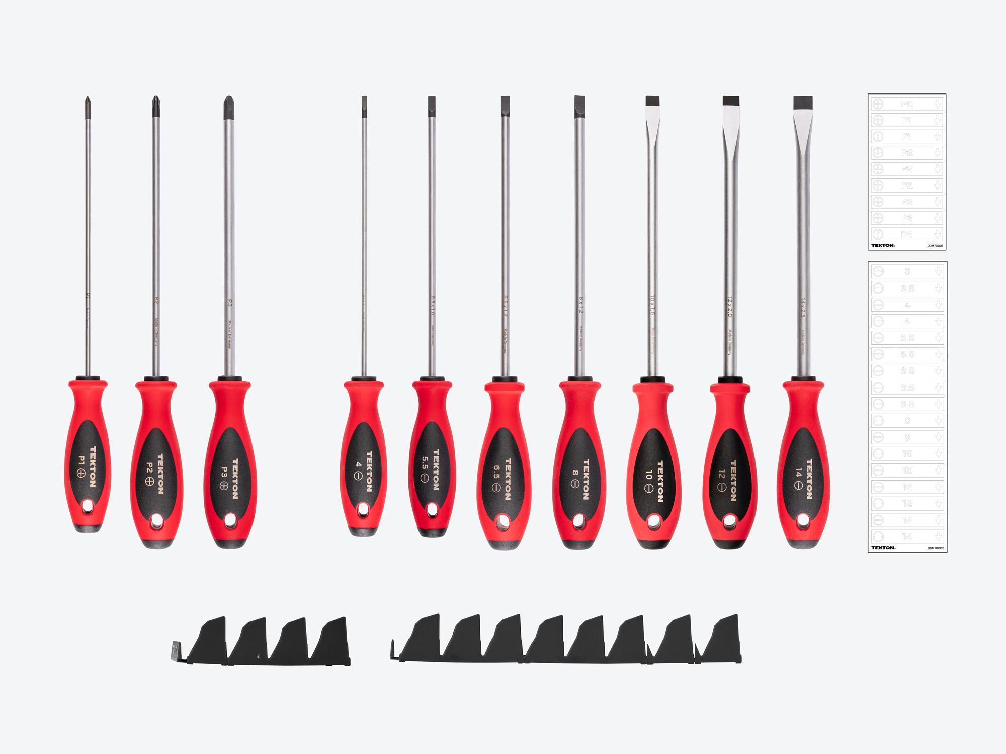 Laid out contents of Tekton black 8 inch shanks screwdriver set. Item #DWZ90108