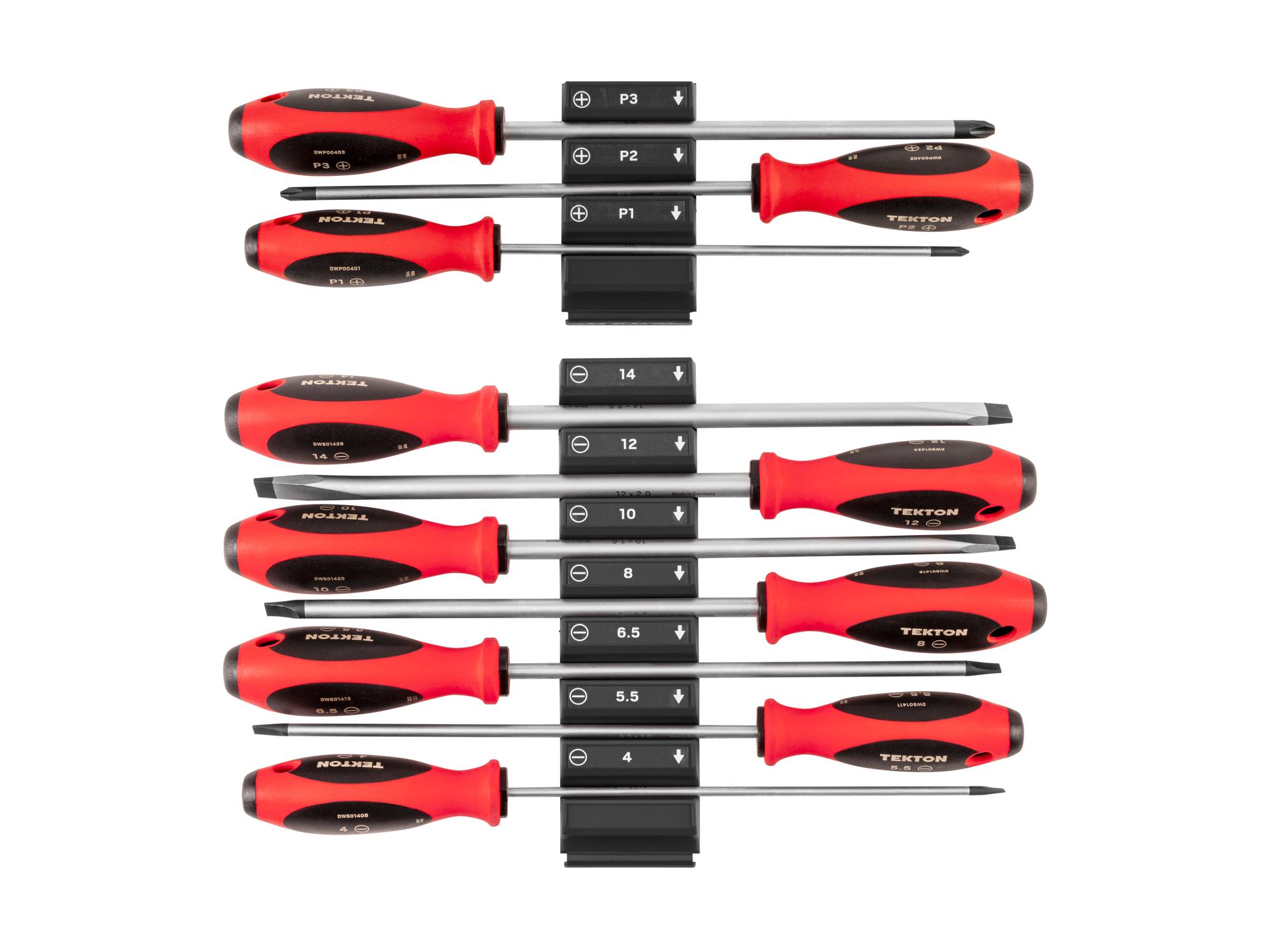 Front view of Tekton black 8 inch shanks screwdriver set. Item #DWZ90108