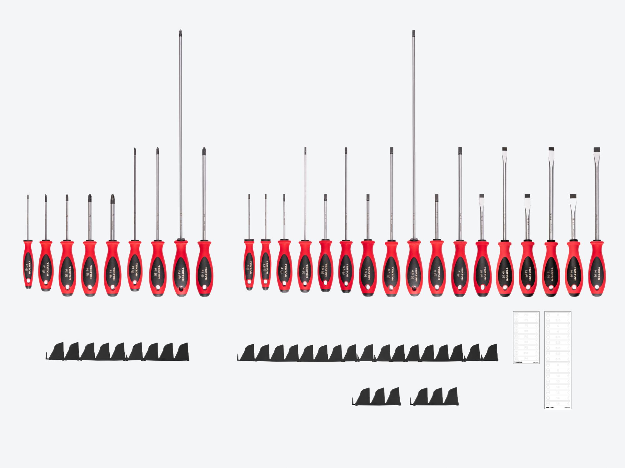 Laid out contents of Tekton black 4, 8, 18 inch shanks screwdriver set. Item #DWZ90109