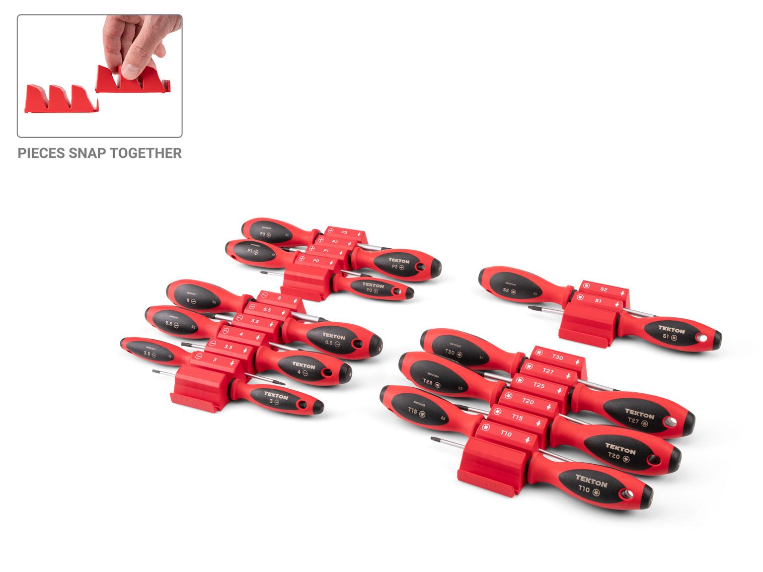 TEKTON Phillips, Slotted, Torx, Square Screwdriver Set with Red Modular Organizers - 4 Inch Shanks, 18-Piece (#0 - #3, 3 - 8 mm, T10 - T30, #1 - #2)