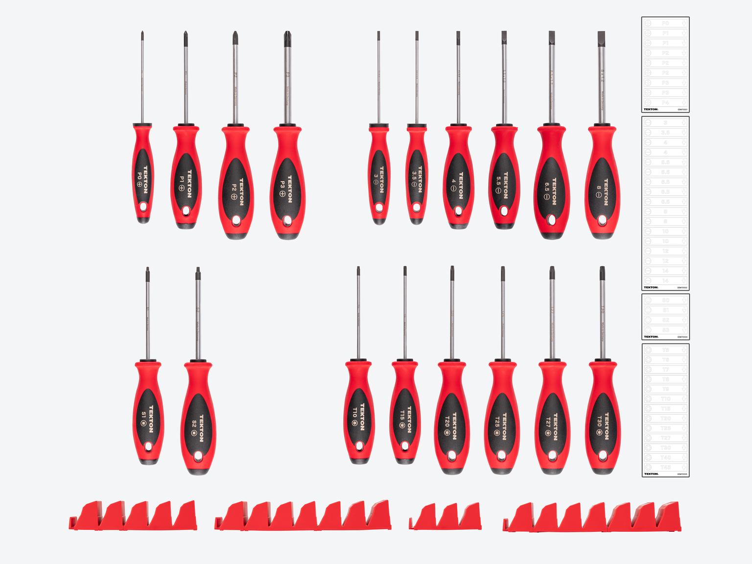 TEKTON Phillips, Slotted, Torx, Square Screwdriver Set with Red Modular Organizers - 4 Inch Shanks, 18-Piece (#0 - #3, 3 - 8 mm, T10 - T30, #1 - #2)