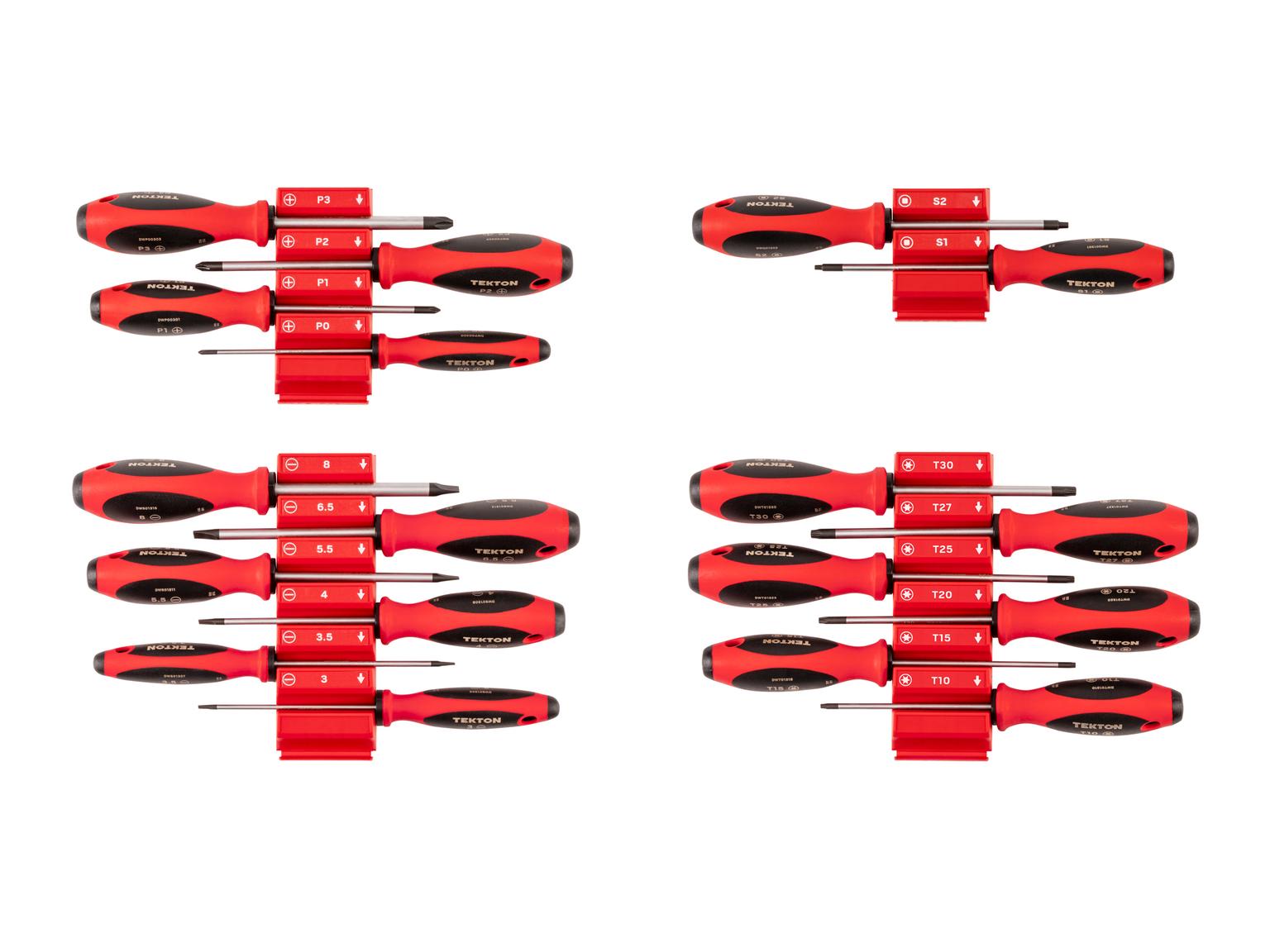 TEKTON Phillips, Slotted, Torx, Square Screwdriver Set with Red Modular Organizers - 4 Inch Shanks, 18-Piece (#0 - #3, 3 - 8 mm, T10 - T30, #1 - #2)