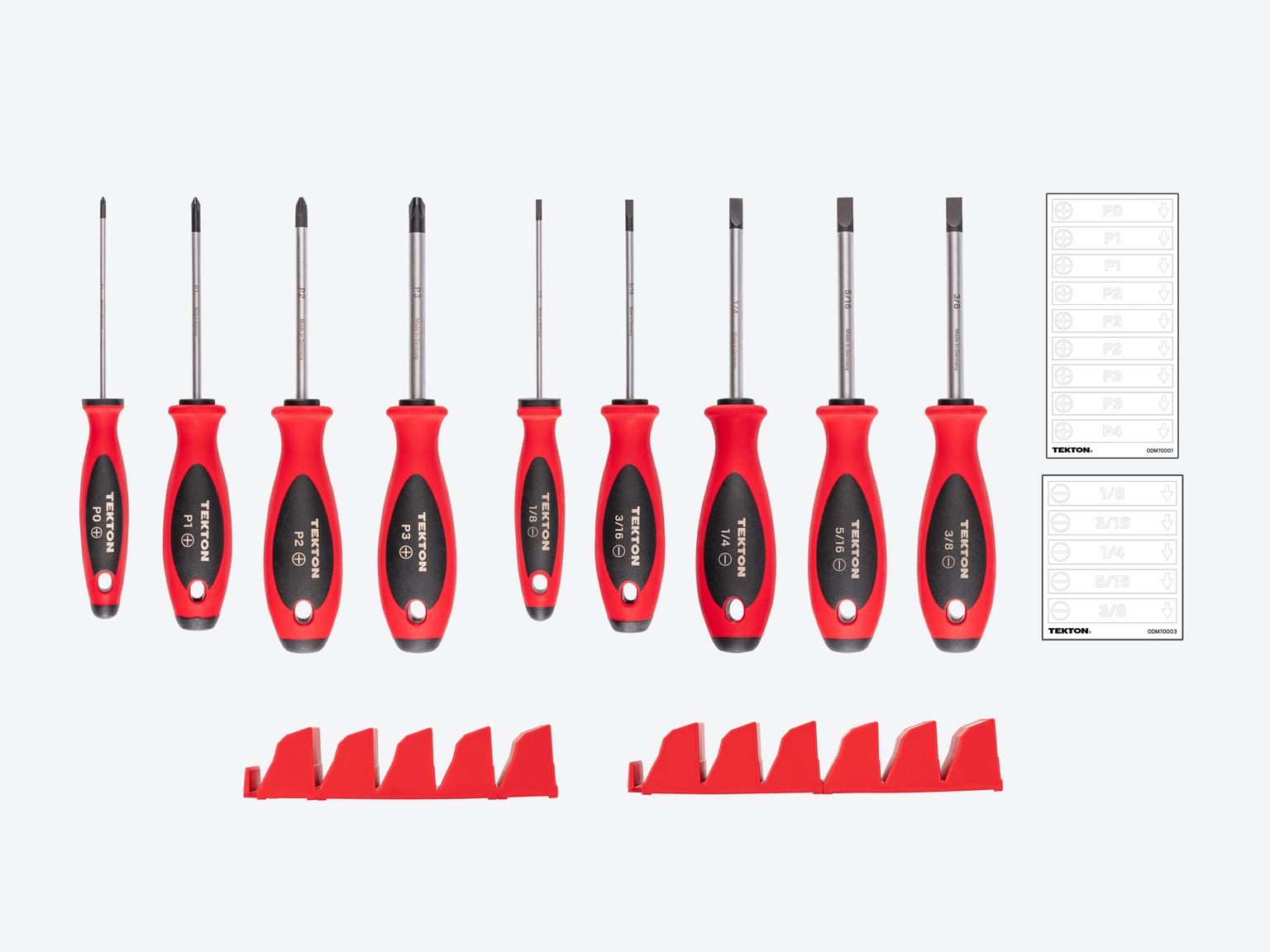 TEKTON Phillips and Slotted Screwdriver Set with Red Modular Organizers - 4 Inch Shanks, 9-Piece (#0 - #3, 1/8 - 3/8 in.)