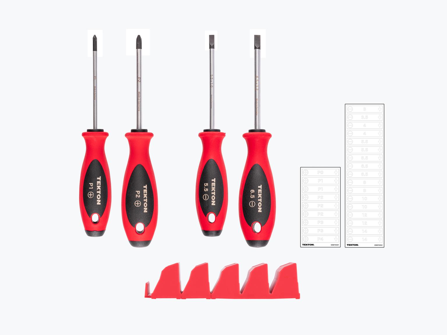 TEKTON Phillips and Slotted Screwdriver Set with Red Modular Organizers - 4 Inch Shanks, 4-Piece (#1 - #2, 5.5 - 6.5 mm)