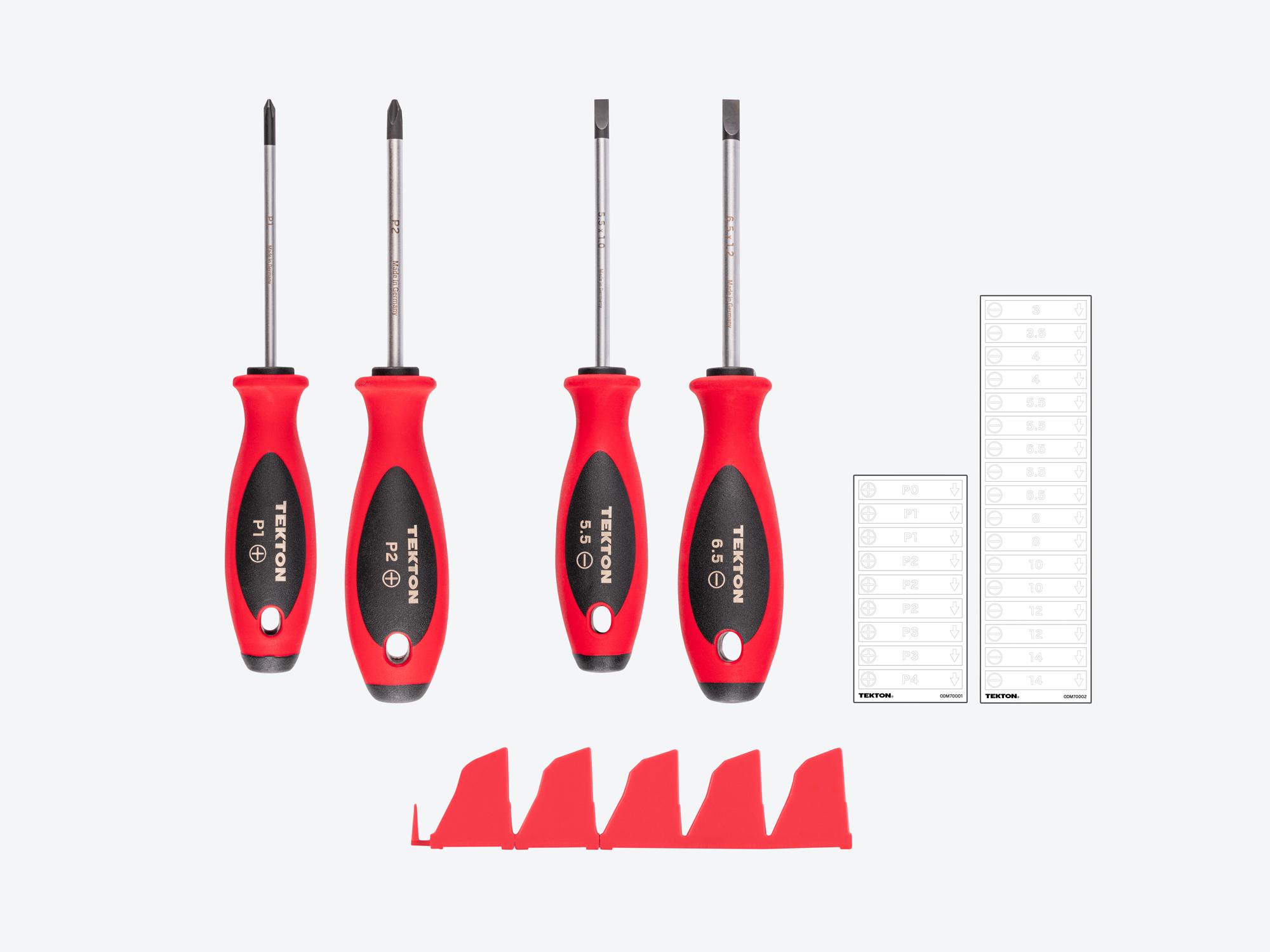 TEKTON Phillips and Slotted Screwdriver Set with Red Modular Organizers - 4 Inch Shanks, 4-Piece (#1 - #2, 5.5 - 6.5 mm)