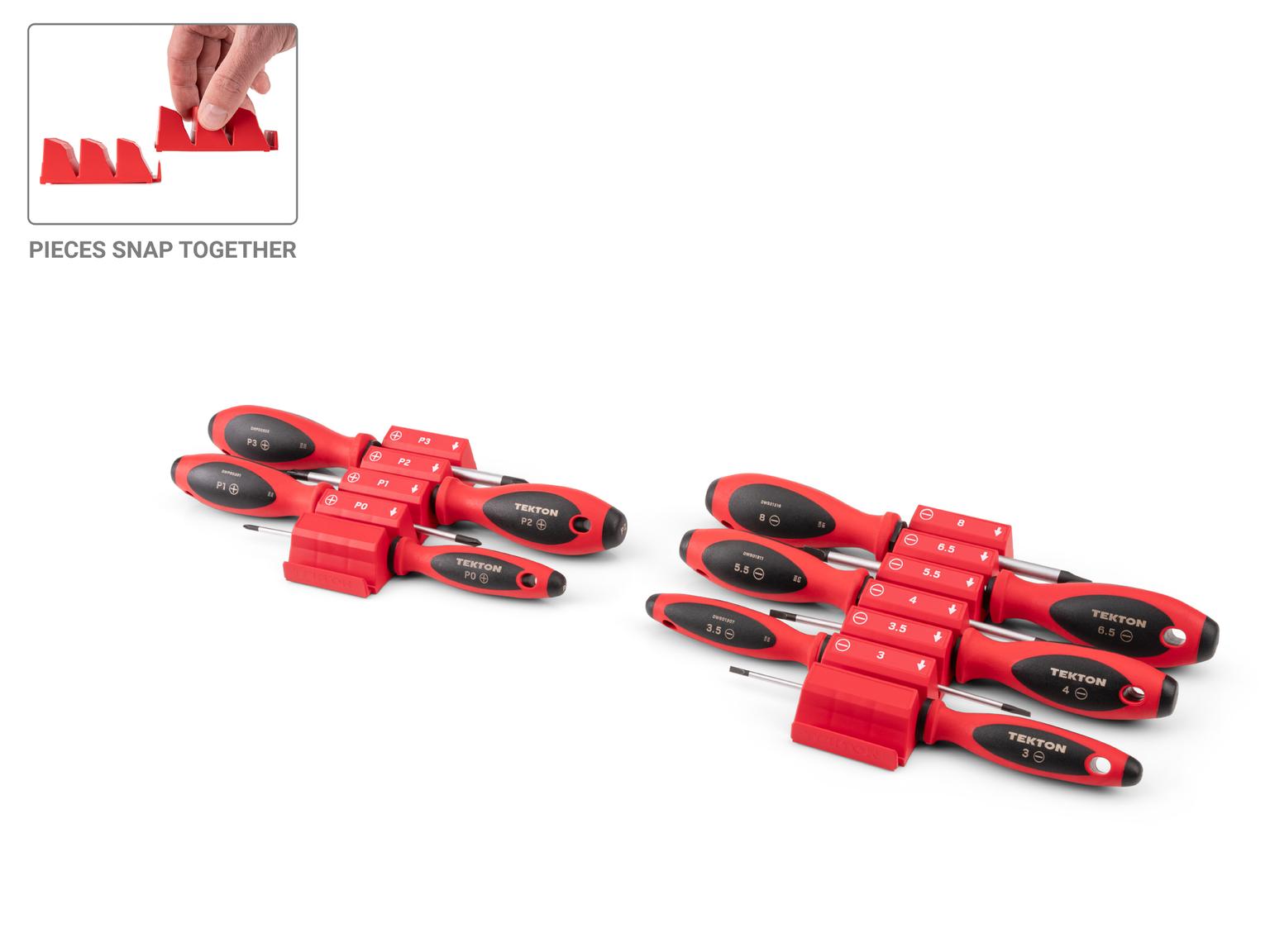 TEKTON Phillips and Slotted Screwdriver Set with Red Modular Organizers - 4 Inch Shanks, 10-Piece (#0 - #3, 3 - 8 mm)