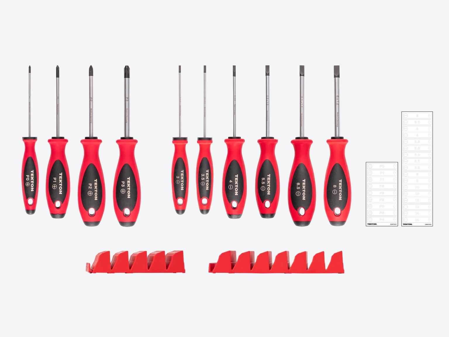 TEKTON Phillips and Slotted Screwdriver Set with Red Modular Organizers - 4 Inch Shanks, 10-Piece (#0 - #3, 3 - 8 mm)