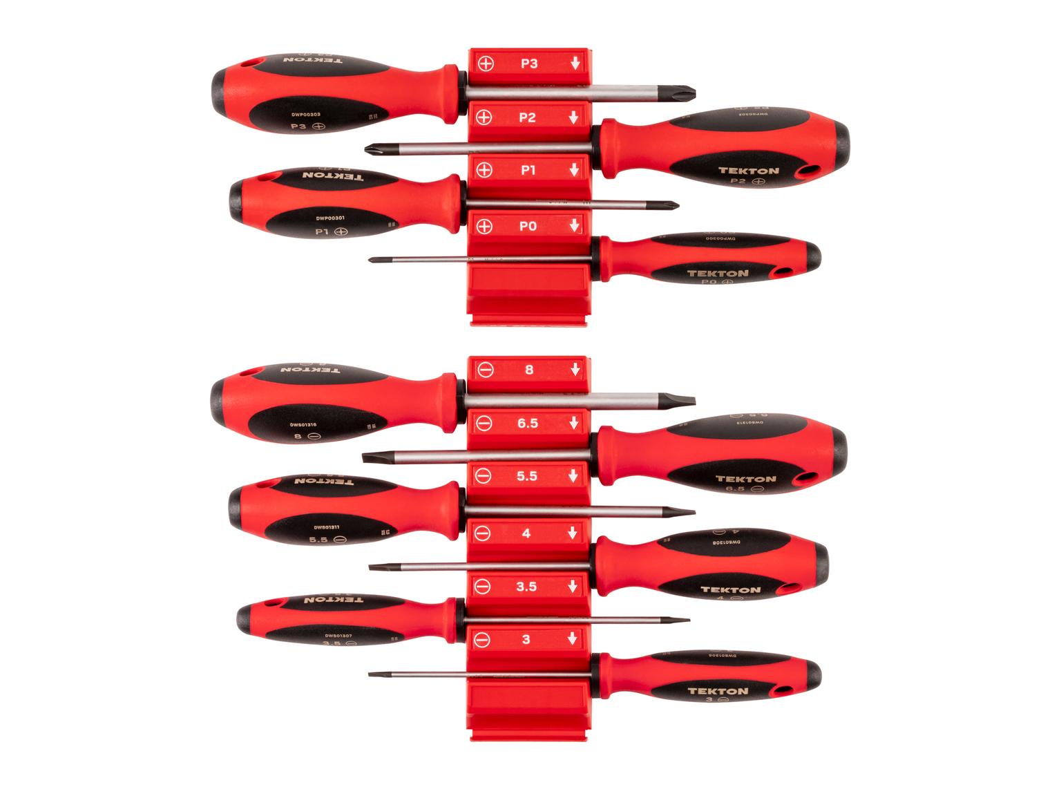 TEKTON Phillips and Slotted Screwdriver Set with Red Modular Organizers - 4 Inch Shanks, 10-Piece (#0 - #3, 3 - 8 mm)