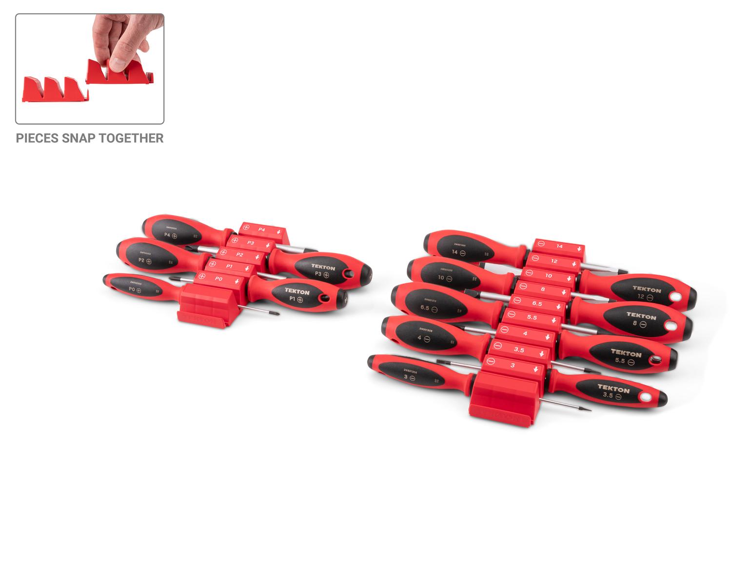 TEKTON Phillips and Slotted Screwdriver Set with Red Modular Organizers - 4 Inch Shanks, 14-Piece (#0 - #4, 3 - 14 mm)
