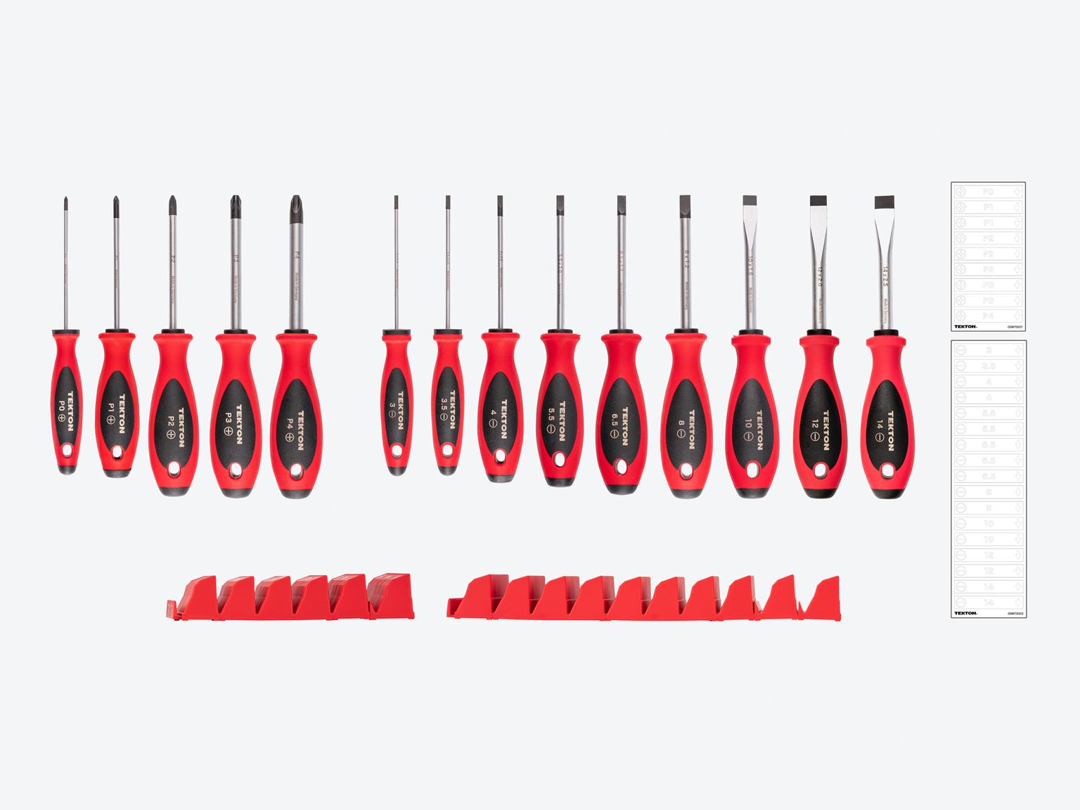 TEKTON Phillips and Slotted Screwdriver Set with Red Modular Organizers - 4 Inch Shanks, 14-Piece (#0 - #4, 3 - 14 mm)