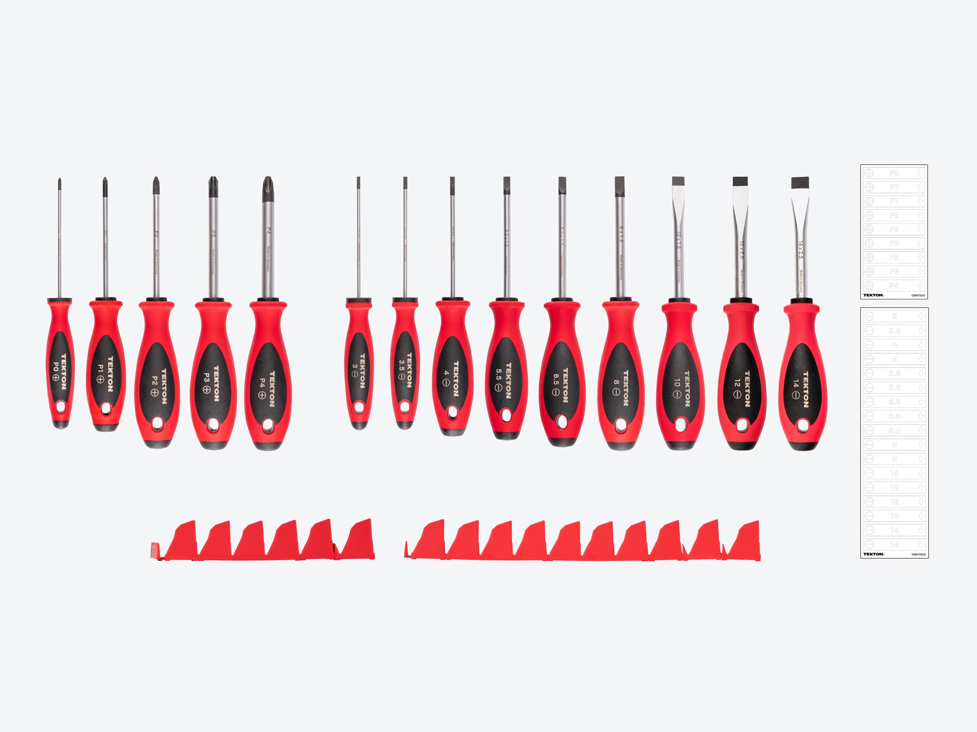 TEKTON Phillips and Slotted Screwdriver Set with Red Modular Organizers - 4 Inch Shanks, 14-Piece (#0 - #4, 3 - 14 mm)