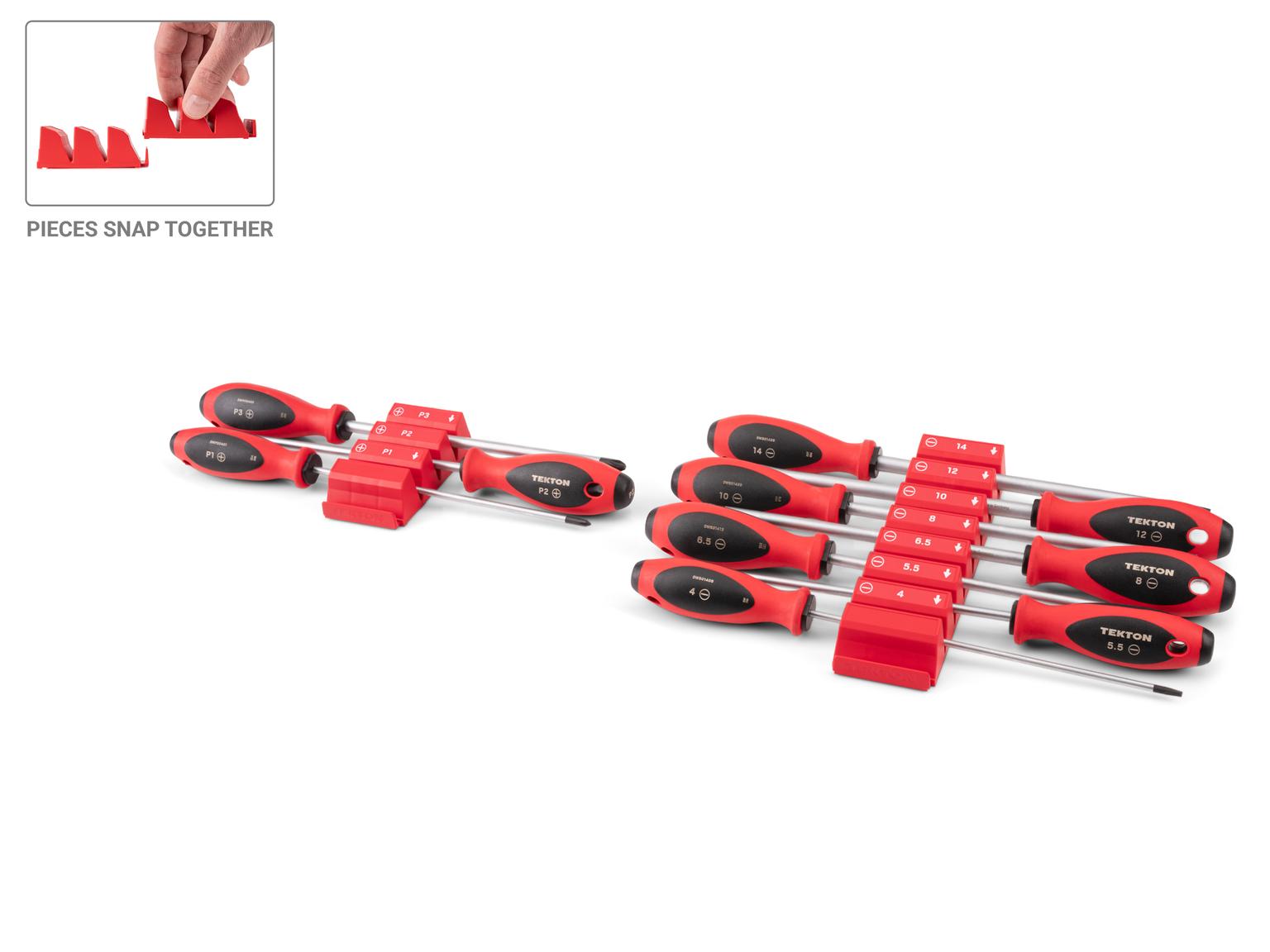 TEKTON Phillips and Slotted Screwdriver Set with Red Modular Organizers - 8 Inch Shanks, 10-Piece ( #1 - #3, 4 - 14 mm)