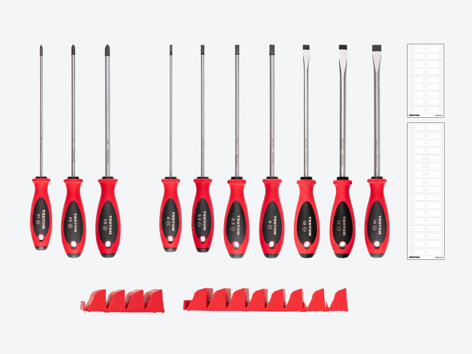 TEKTON Phillips and Slotted Screwdriver Set with Red Modular Organizers - 8 Inch Shanks, 10-Piece ( #1 - #3, 4 - 14 mm)