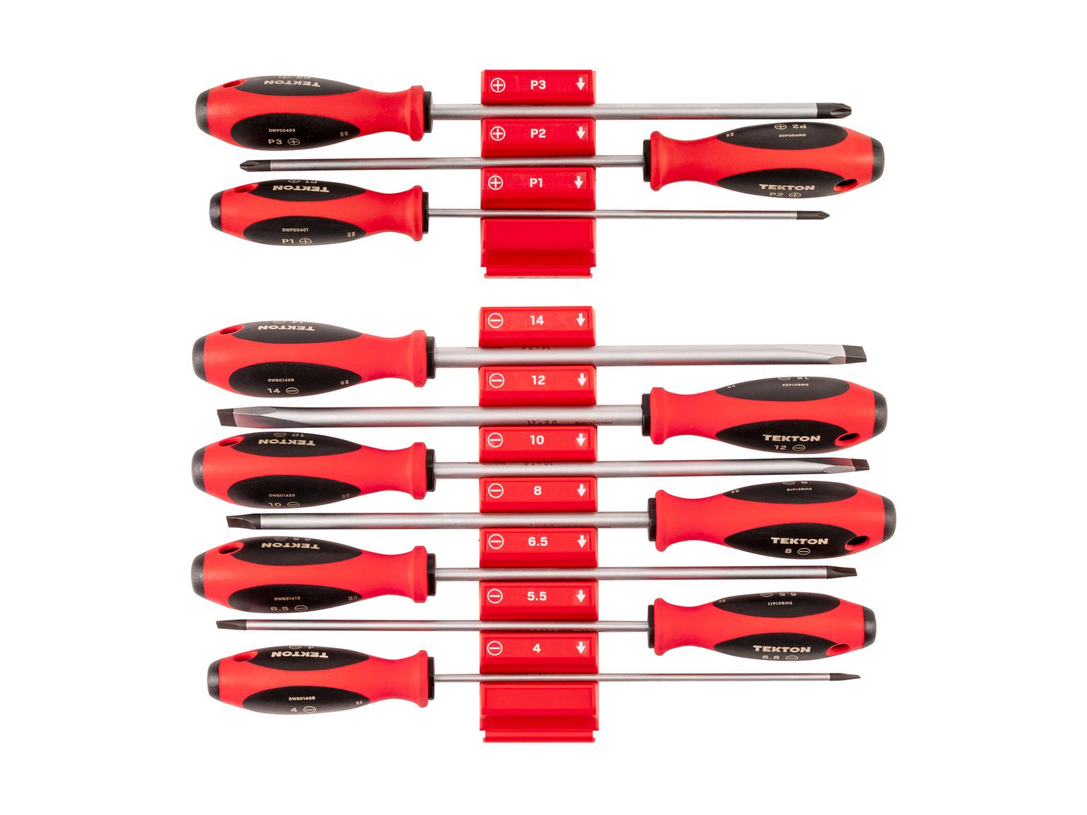 TEKTON Phillips and Slotted Screwdriver Set with Red Modular Organizers - 8 Inch Shanks, 10-Piece ( #1 - #3, 4 - 14 mm)