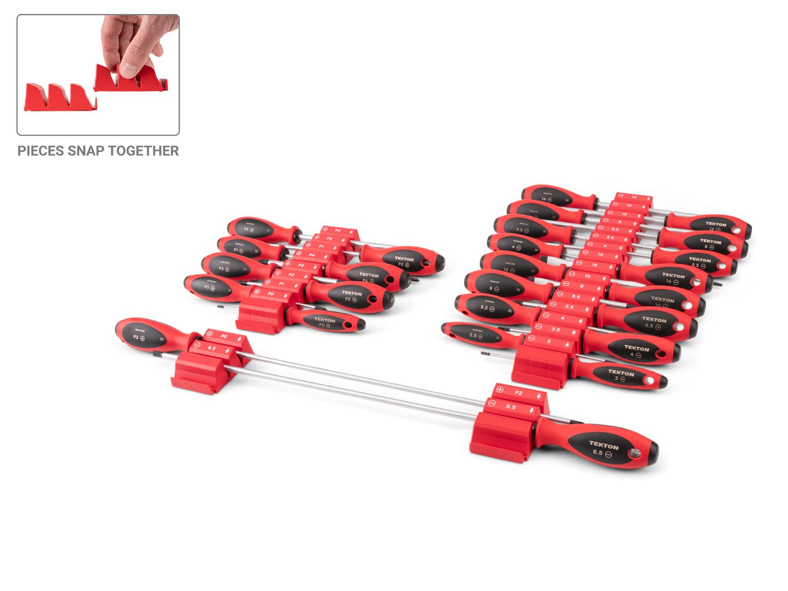 TEKTON Phillips and Slotted Screwdriver Set with Red Modular Organizers - 4, 8, 18 Inch Shanks, 26-Piece (#0 - #4, 3 - 14 mm)