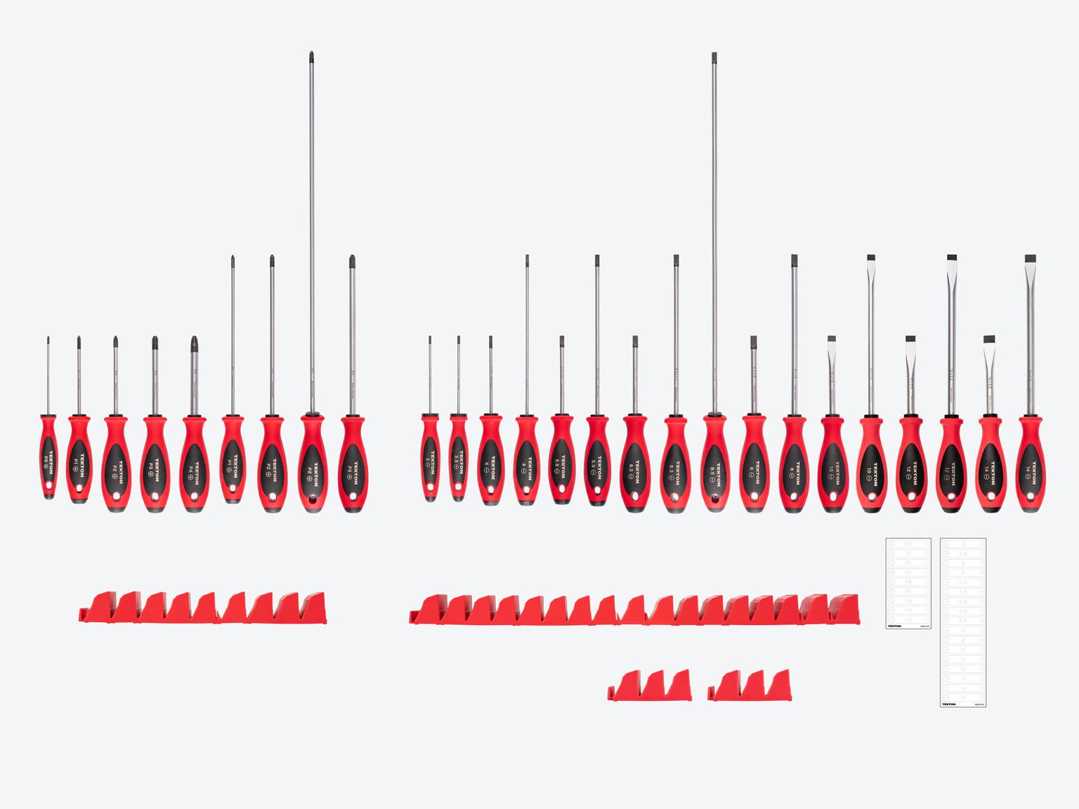 TEKTON Phillips and Slotted Screwdriver Set with Red Modular Organizers - 4, 8, 18 Inch Shanks, 26-Piece (#0 - #4, 3 - 14 mm)