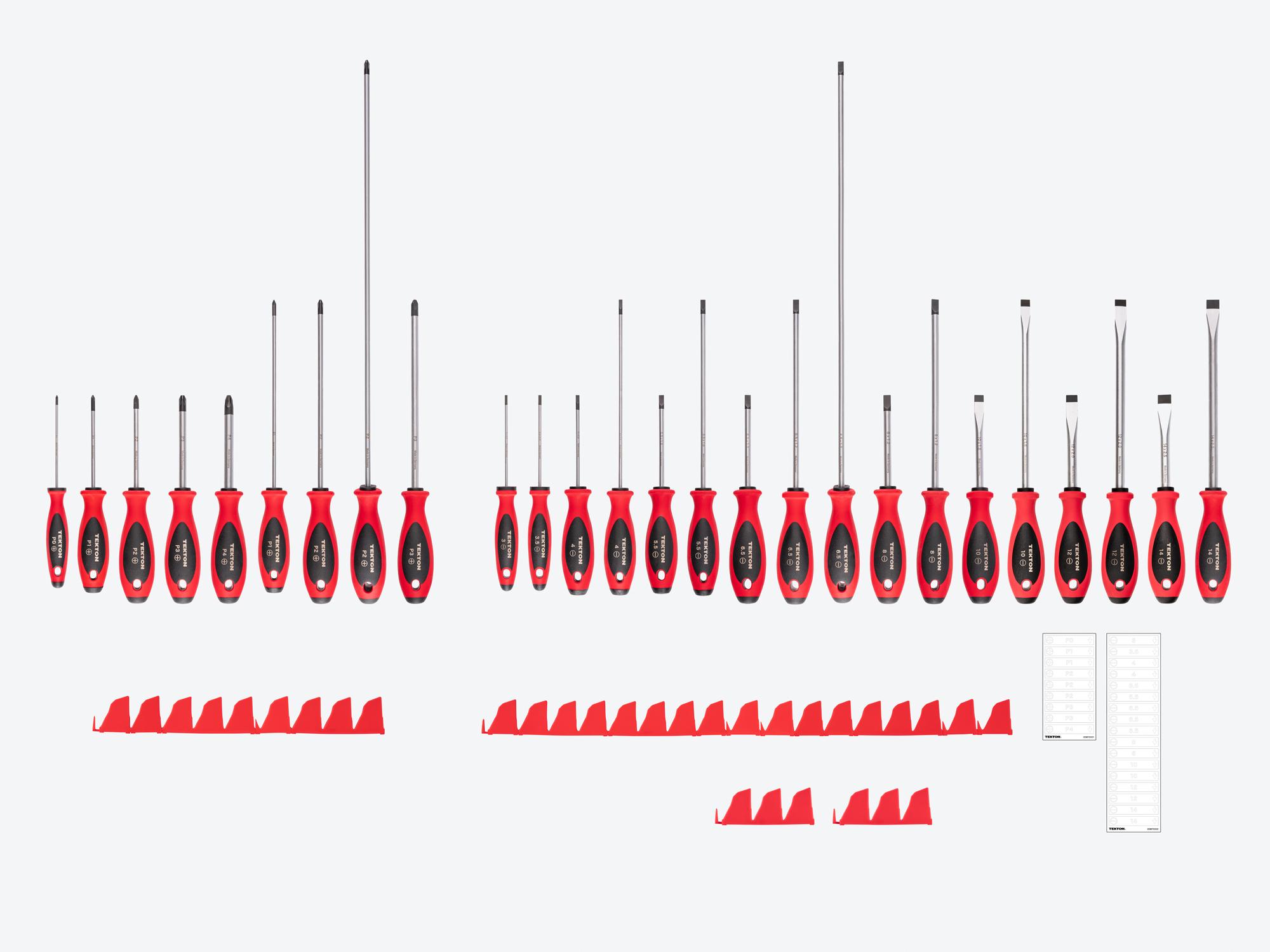 TEKTON Phillips and Slotted Screwdriver Set with Red Modular Organizers - 4, 8, 18 Inch Shanks, 26-Piece (#0 - #4, 3 - 14 mm)