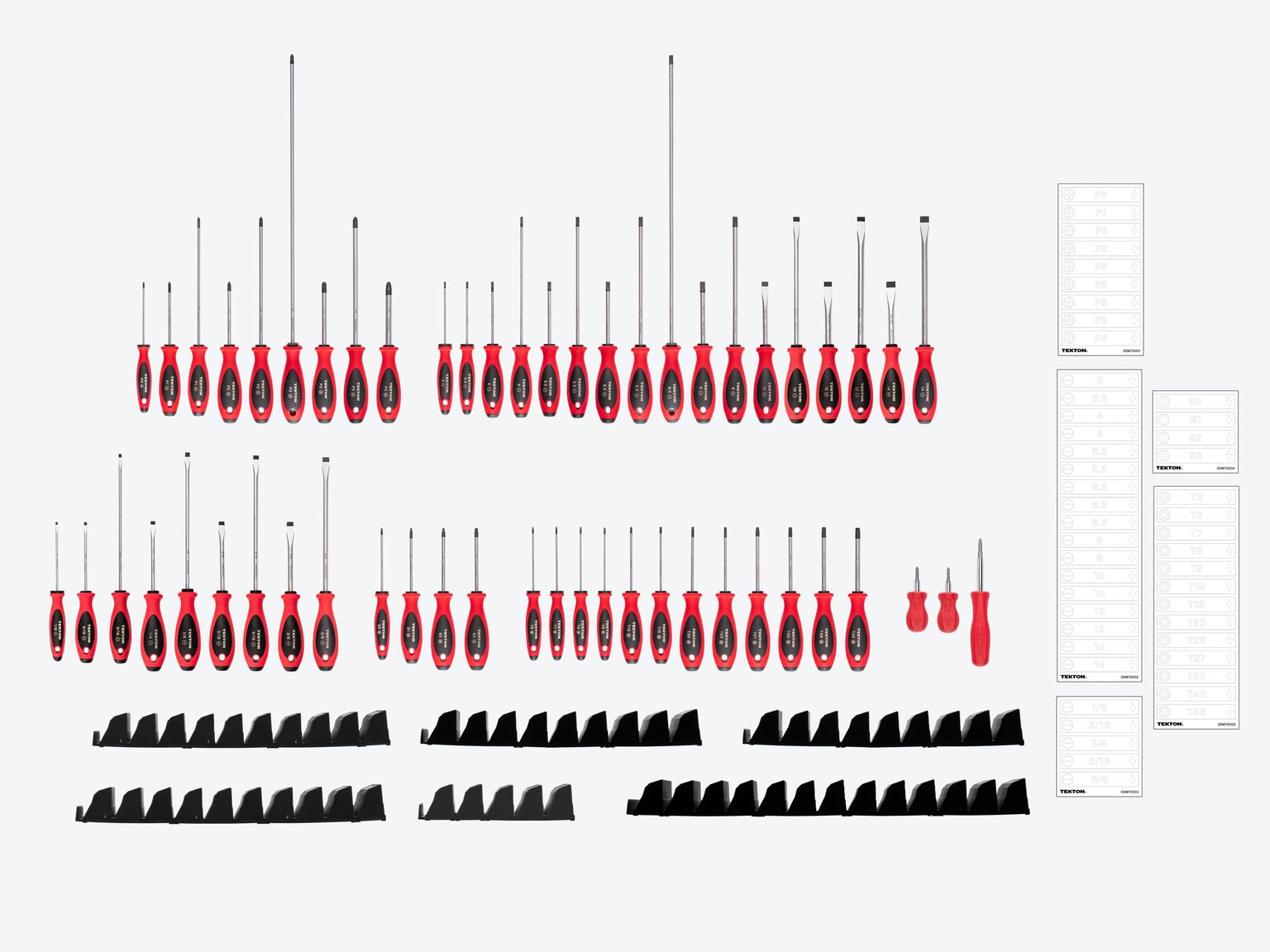 Laid out contents of Tekton black screwdriver set. Item #DWZ90120