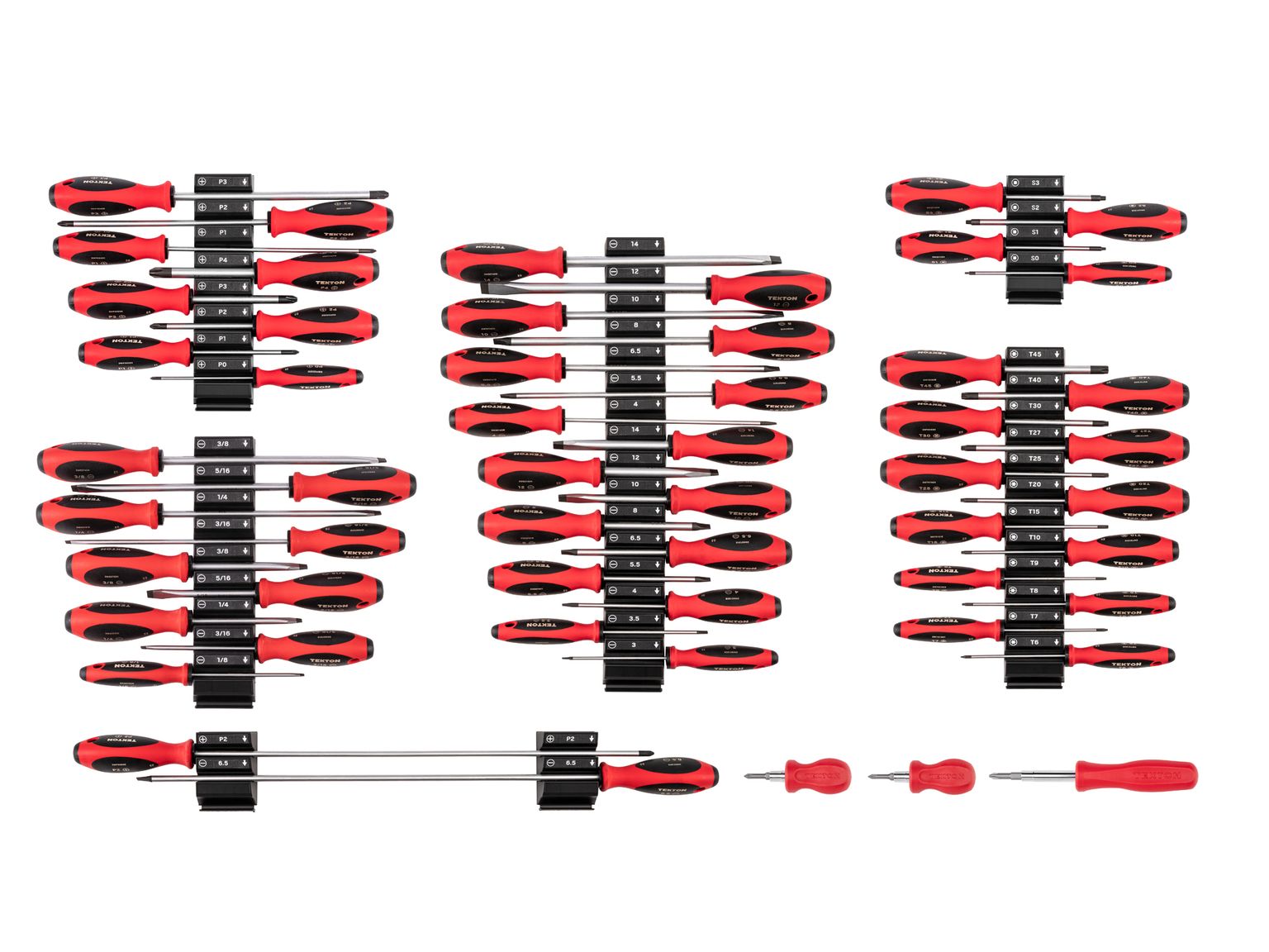 Top view of Tekton black screwdriver set. Item #DWZ90120