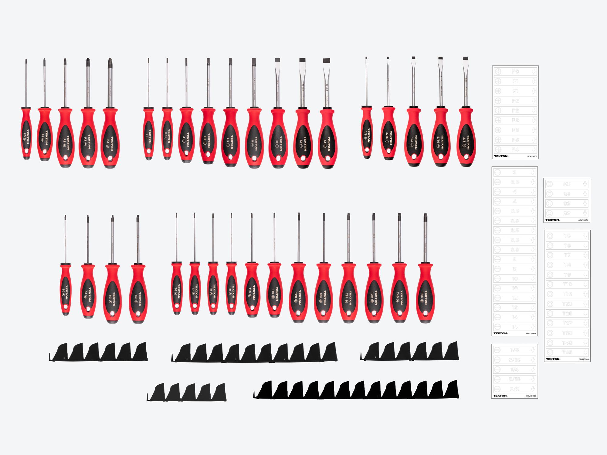 Laid out contents of Tekton black modular screwdriver set. Item #DWZ90121
