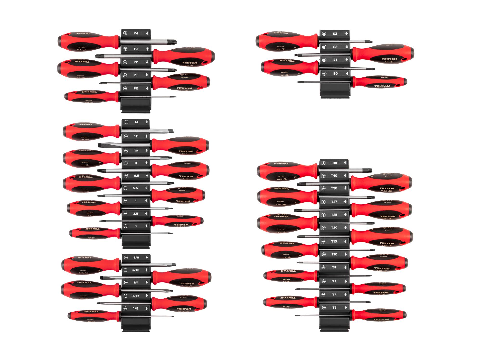 Top view of Tekton black modular screwdriver set. Item #DWZ90121