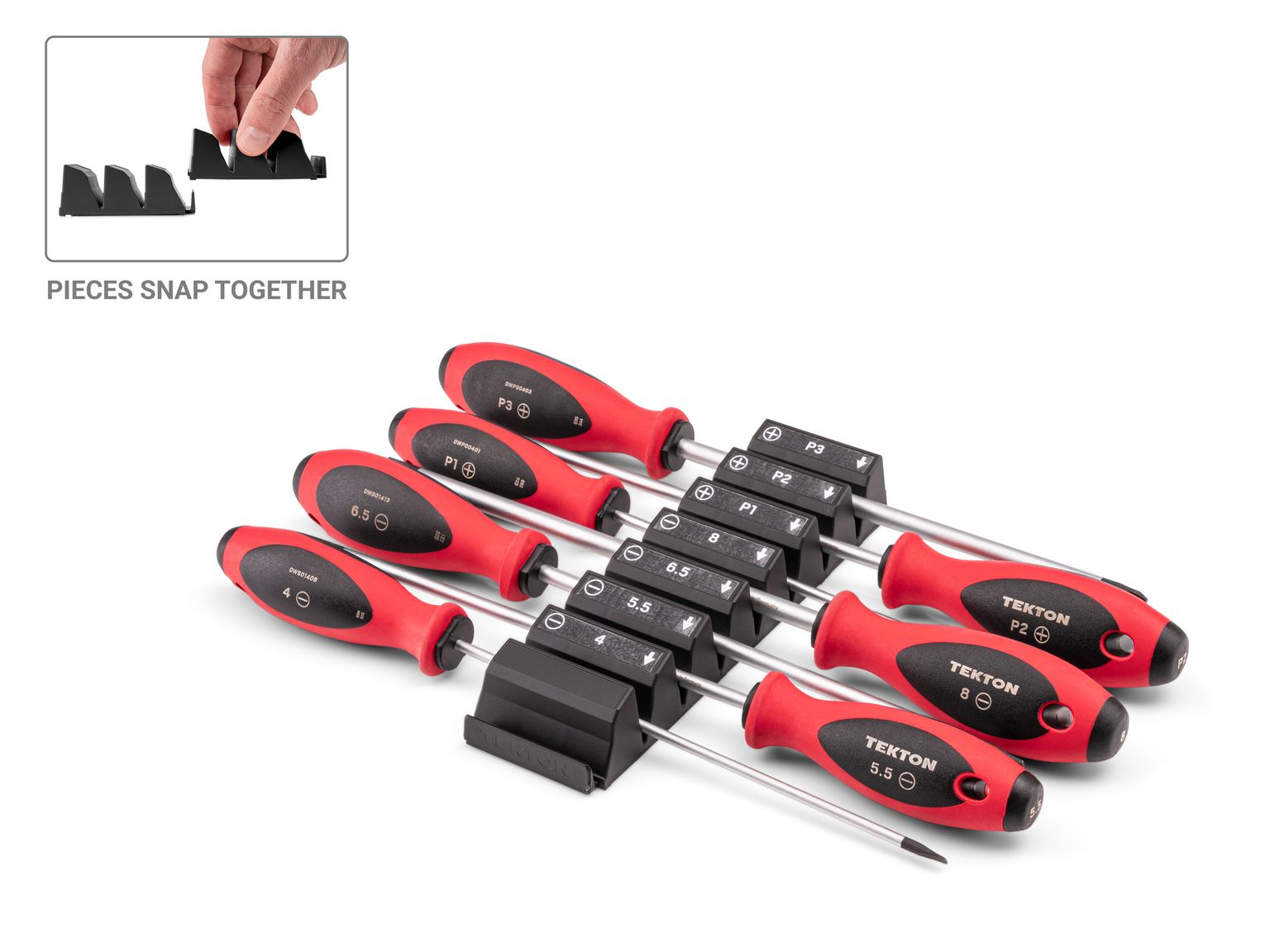 Front-right angle view of Tekton black 8 inch shanks screwdriver set. Item #DWZ90122
