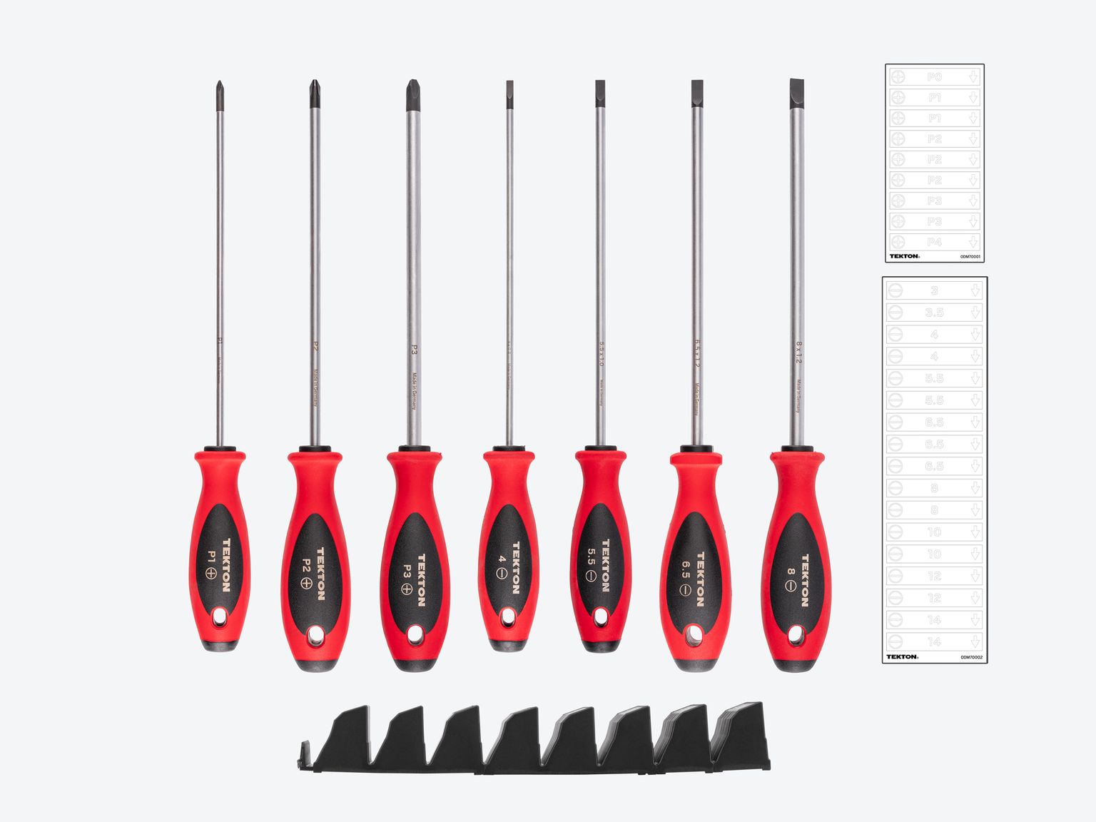 Laid out contents of Tekton black 8 inch shanks screwdriver set. Item #DWZ90122
