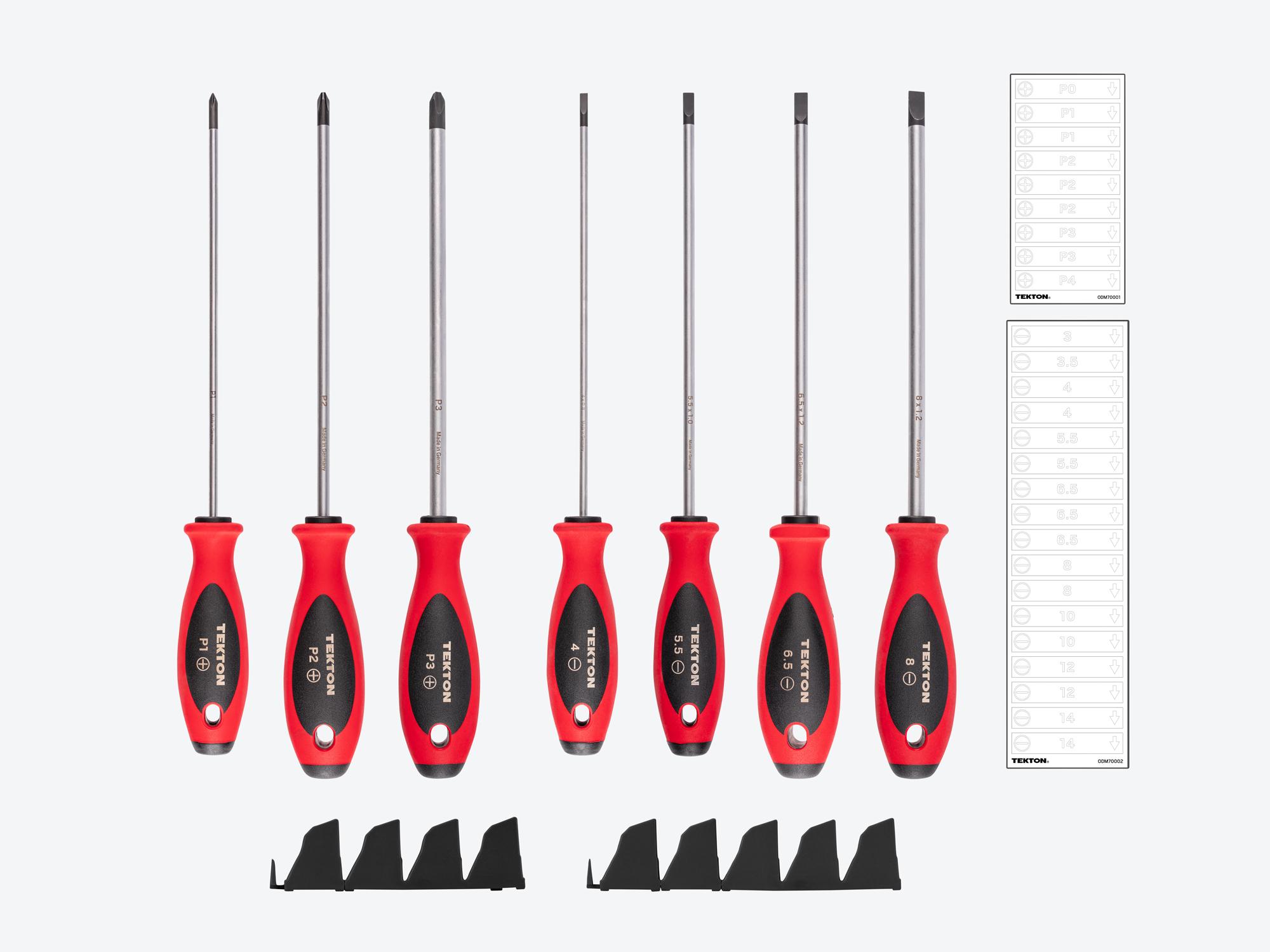 Laid out contents of Tekton black 8 inch shanks screwdriver set. Item #DWZ90122