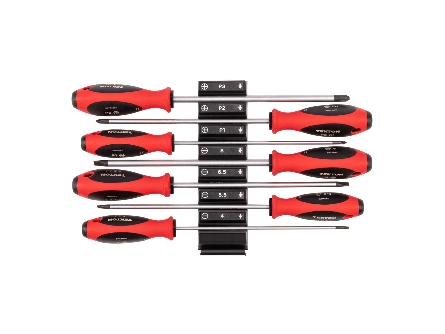Top view of Tekton black 8 inch shanks screwdriver set. Item #DWZ90122