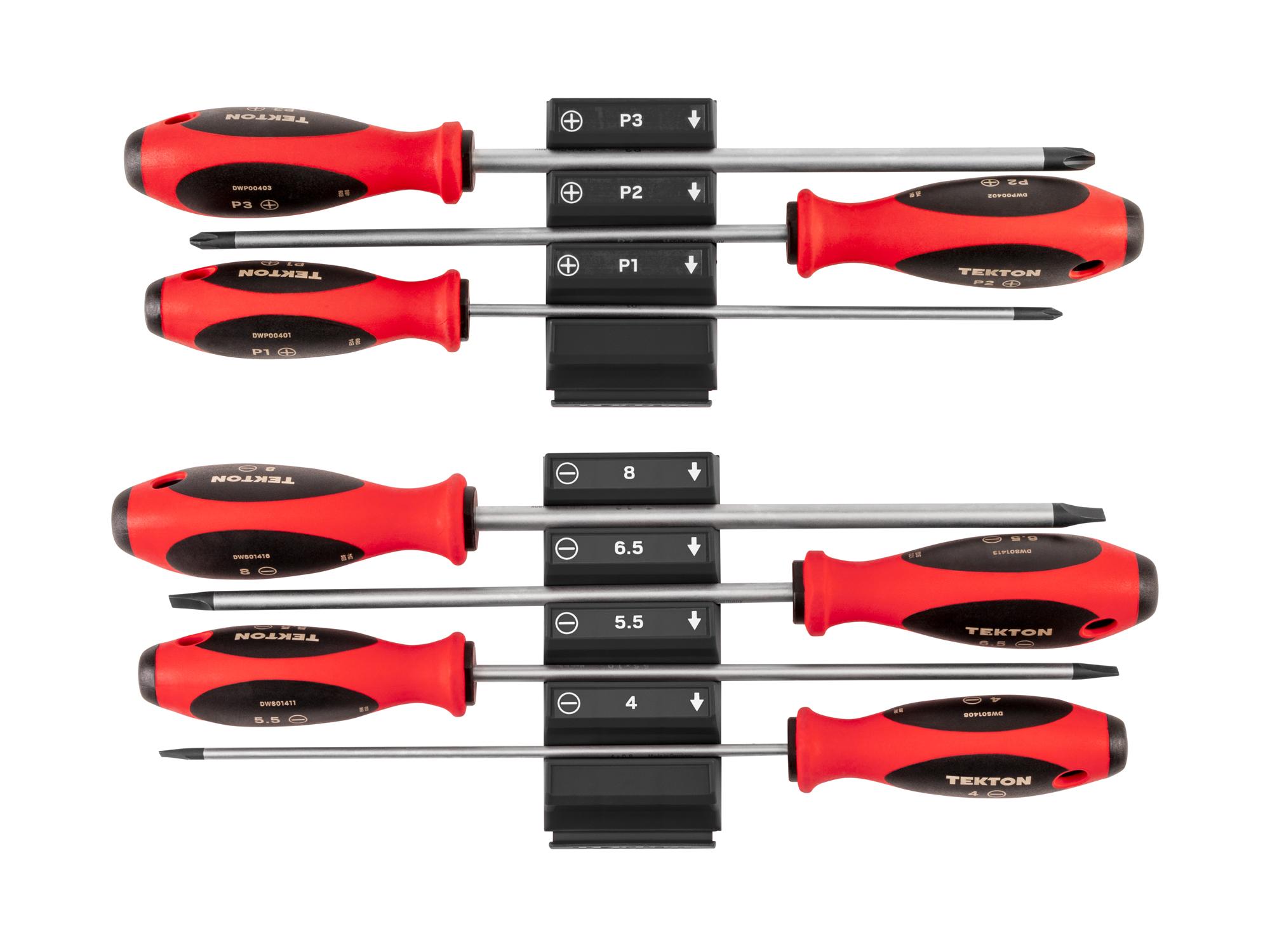 Top view of Tekton black 8 inch shanks screwdriver set. Item #DWZ90122