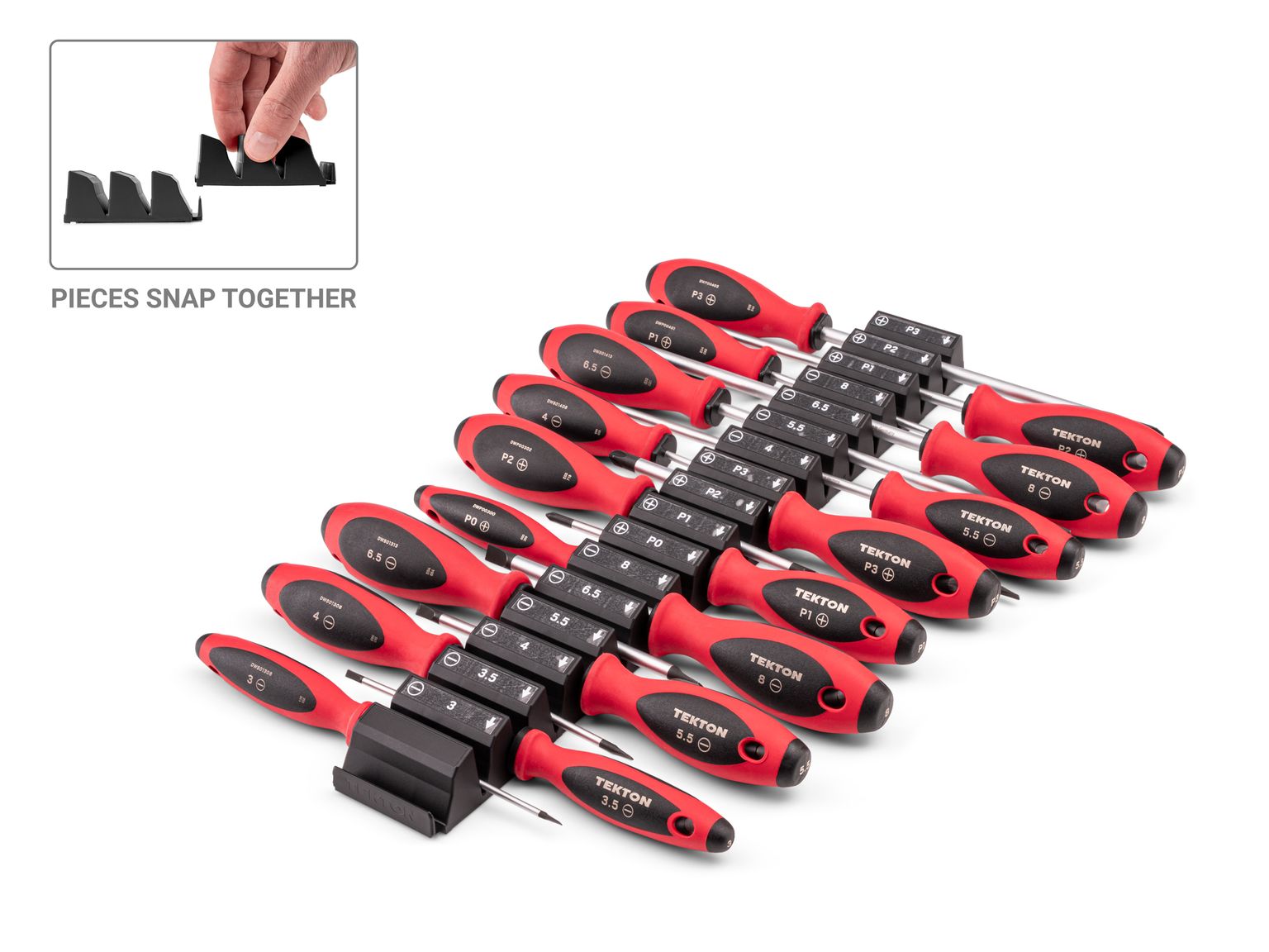 Front-right angle view of Tekton black 4, 8 inch shanks screwdriver set. Item #DWZ90123