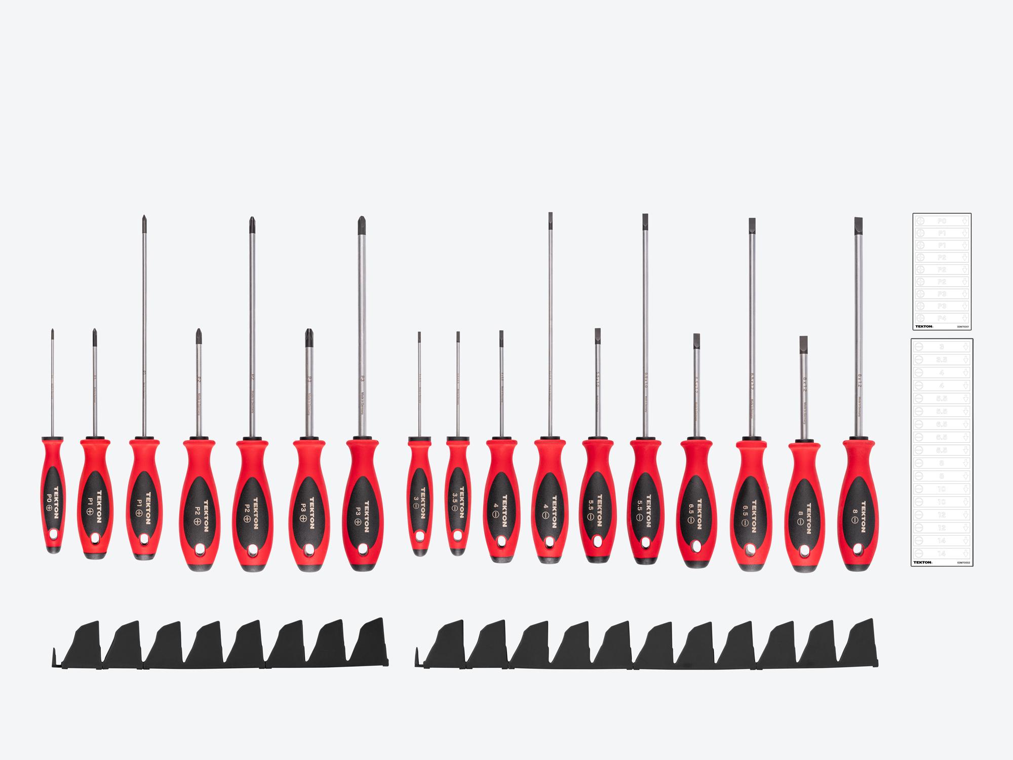 Laid out contents of Tekton black 4, 8 inch shanks screwdriver set. Item #DWZ90123